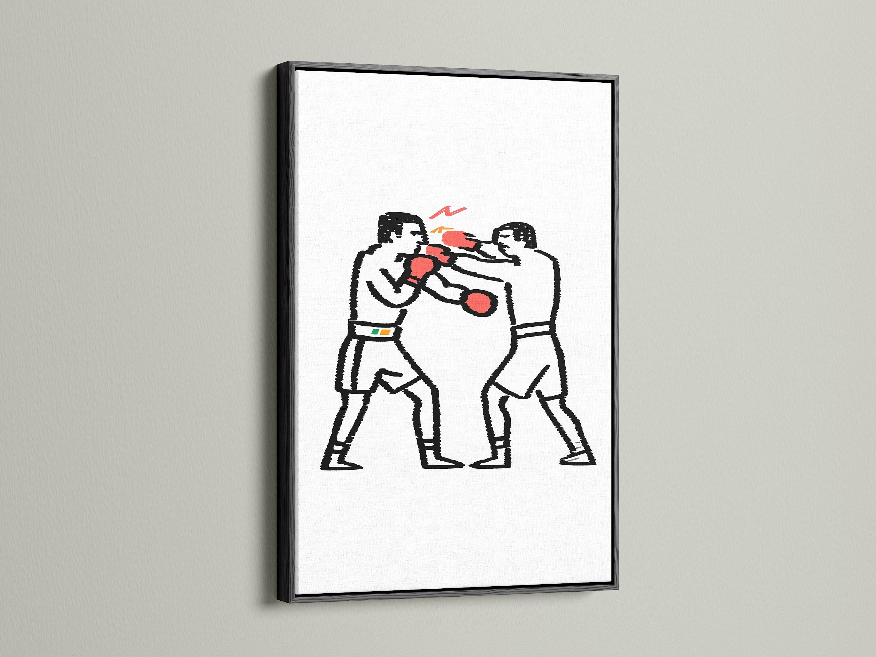 Boxing match minimalist art in a black frame. The artwork shows two boxers with red gloves. The black frame adds a bold touch. Ideal for a man cave or fitness center. A great gift for boxers and sport enthusiasts looking for sport wall art.