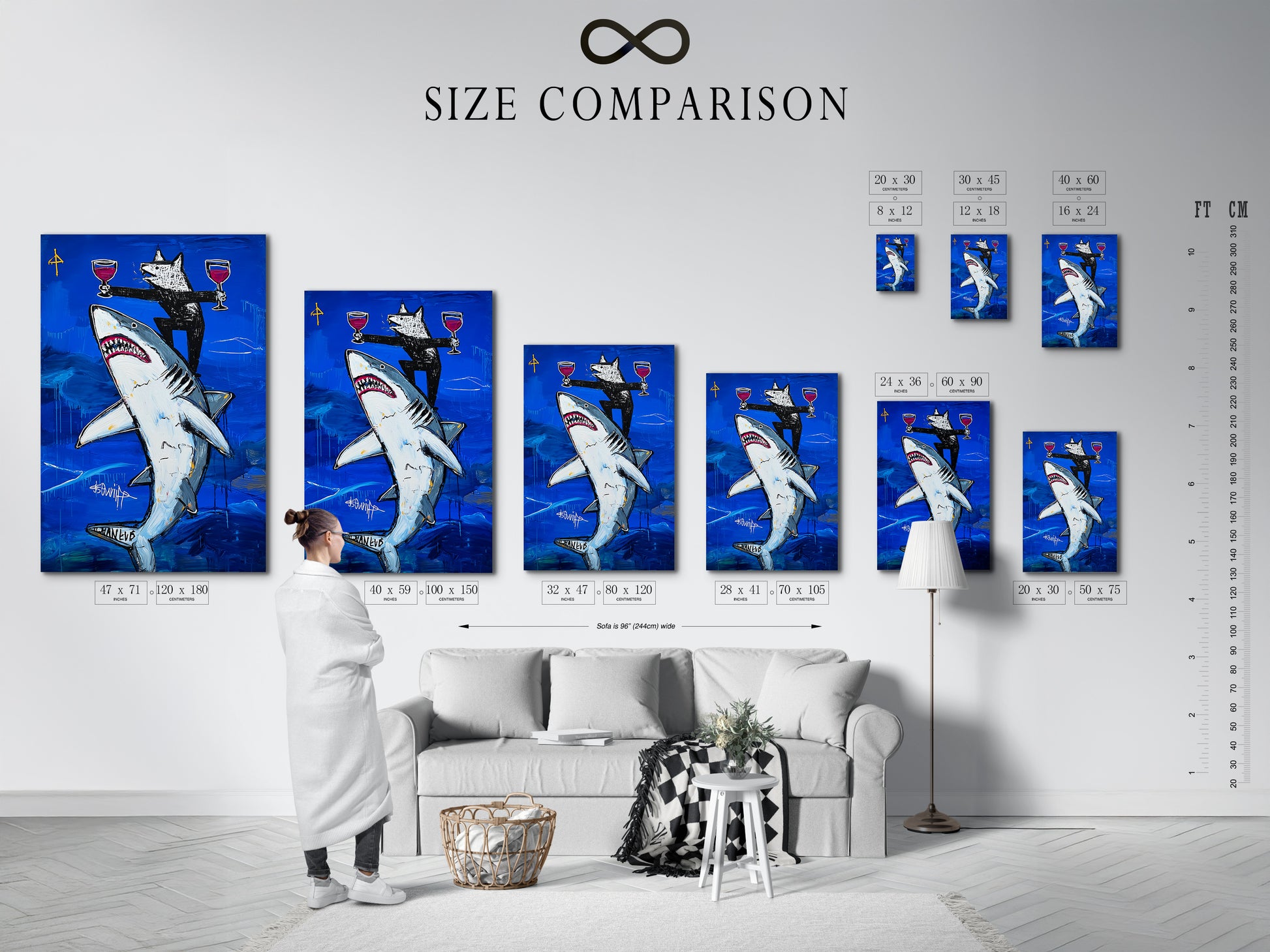 Size comparison chart displayed in a modern interior. See how the shark art fits in your space. Available in various sizes to suit any room. Choose the perfect ocean canvas print for your wall decor. Marine art for every home.