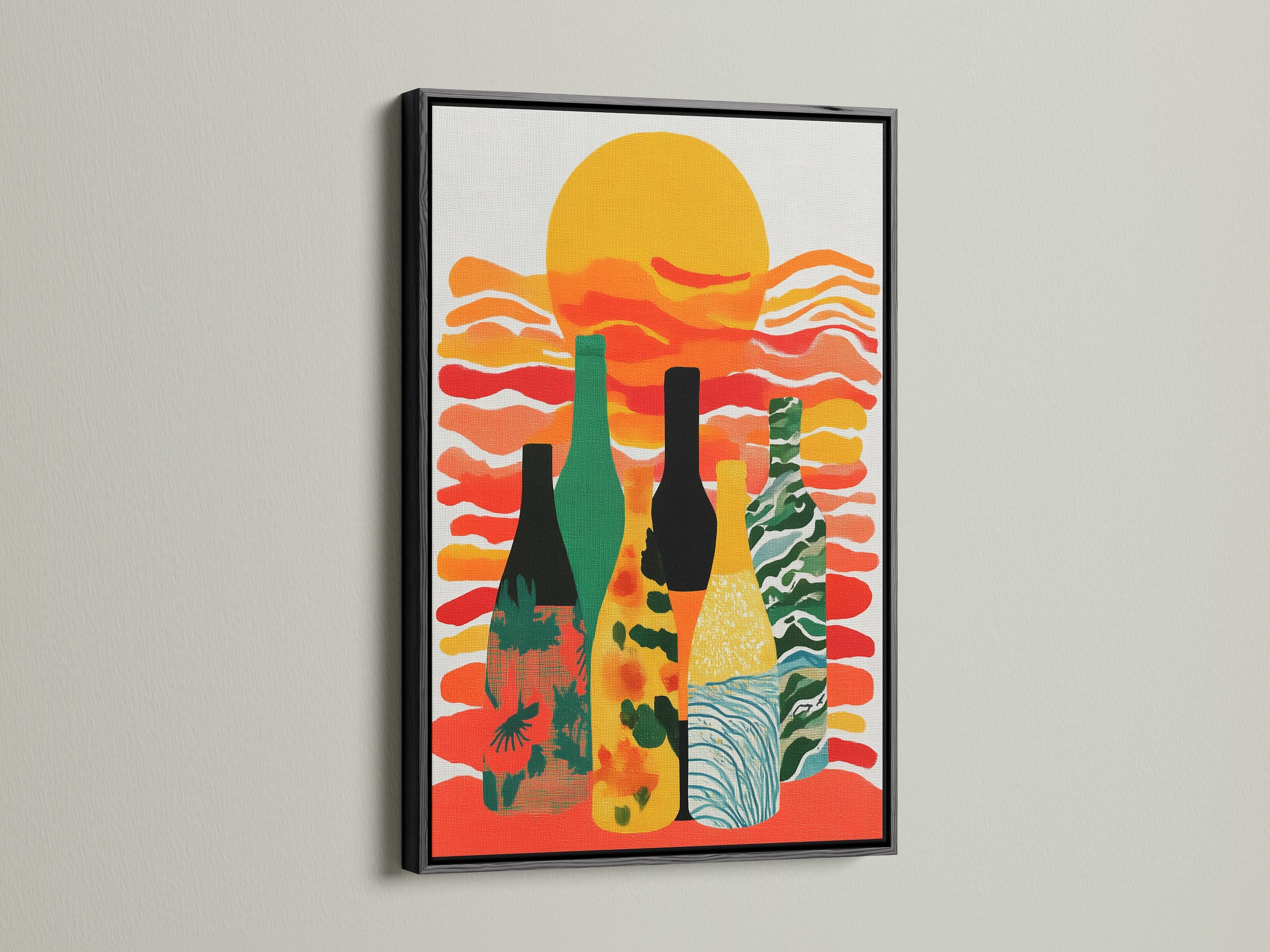 A black frame elegantly displays a modern abstract wine bottle artwork. This colorful piece enhances kitchen and dining room decor. Perfect for modern minimalist and Scandinavian spaces. It adds vibrancy to any room.