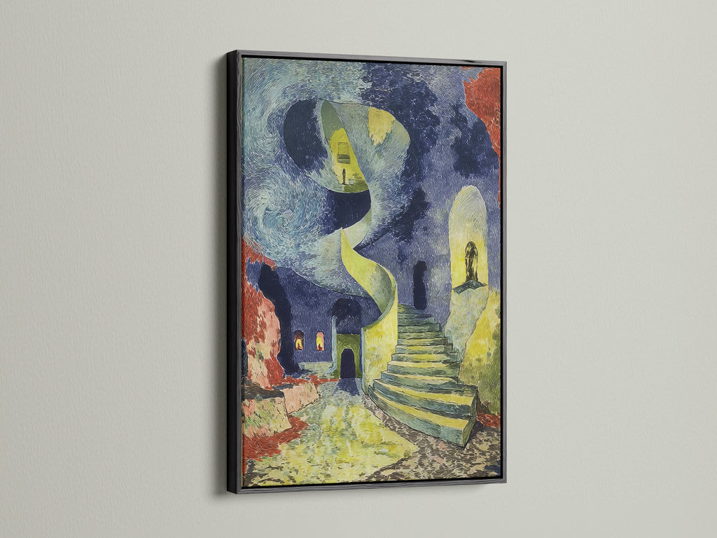The black frame highlights the surreal staircase artwork. This Van Gogh style print offers dreamlike architecture. The art nouveau style is prominent with blue and yellow hues. This piece suits modern eclectic or dorm room decor. Ideal for students and art enthusiasts. It makes a unique statement in any setting. This artwork fits modern spaces.