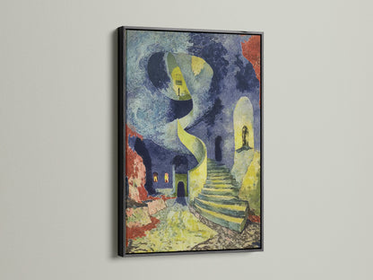 The black frame highlights the surreal staircase artwork. This Van Gogh style print offers dreamlike architecture. The art nouveau style is prominent with blue and yellow hues. This piece suits modern eclectic or dorm room decor. Ideal for students and art enthusiasts. It makes a unique statement in any setting. This artwork fits modern spaces.