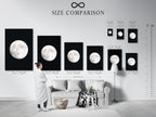 Size comparison chart of Full Moon artwork in an interior setting. See how celestial art fits in your space. Envision astronomy decor in your home. Compare moon phase art sizes. Experience space themed art in different scales. Find the perfect astrology gift. Picture a night sky print on your wall. Preview full moon artwork and celestial print options.