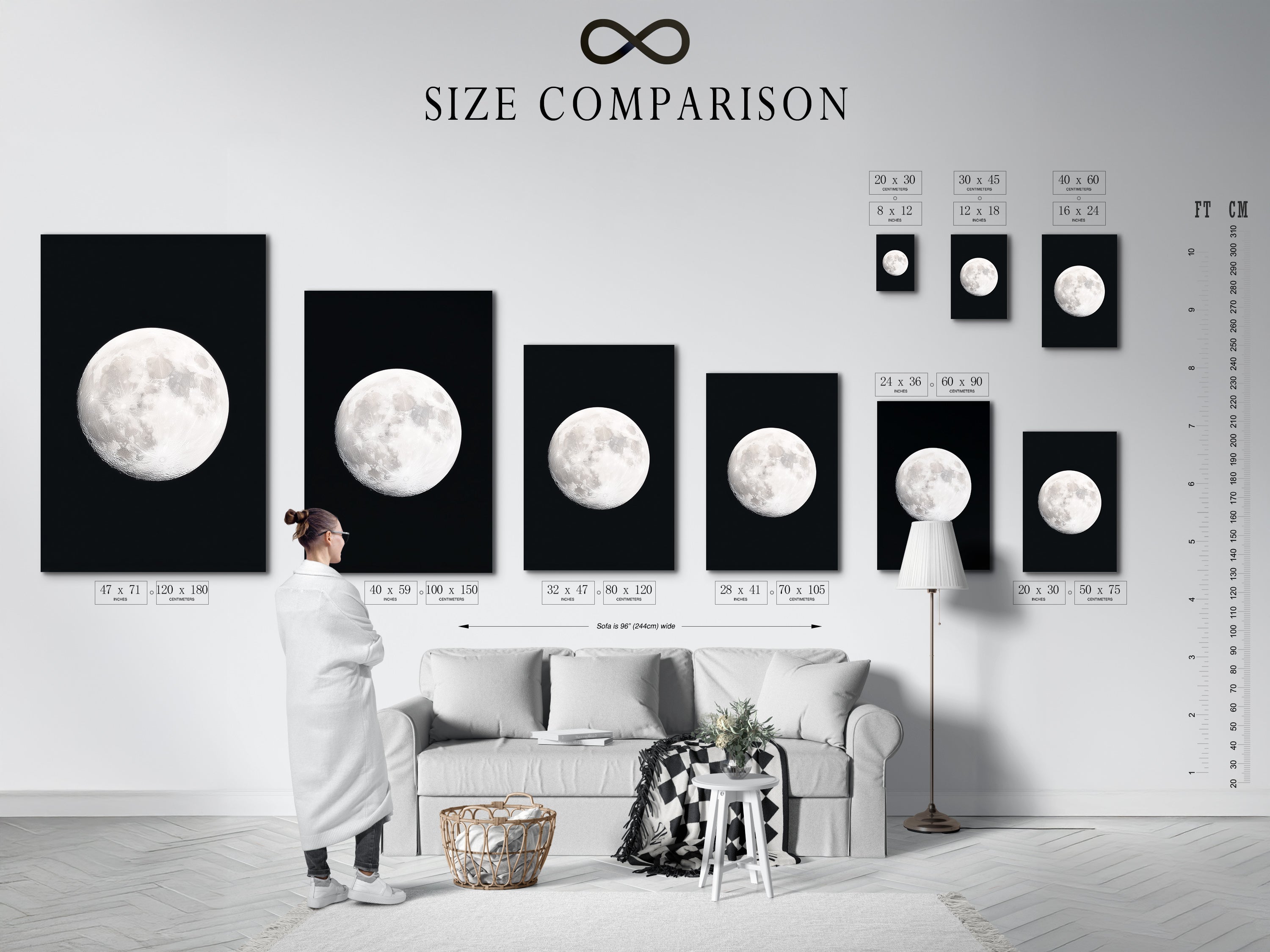 Size comparison chart of Full Moon artwork in an interior setting. See how celestial art fits in your space. Envision astronomy decor in your home. Compare moon phase art sizes. Experience space themed art in different scales. Find the perfect astrology gift. Picture a night sky print on your wall. Preview full moon artwork and celestial print options.