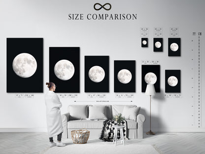 Size comparison chart of Full Moon artwork in an interior setting. See how celestial art fits in your space. Envision astronomy decor in your home. Compare moon phase art sizes. Experience space themed art in different scales. Find the perfect astrology gift. Picture a night sky print on your wall. Preview full moon artwork and celestial print options.