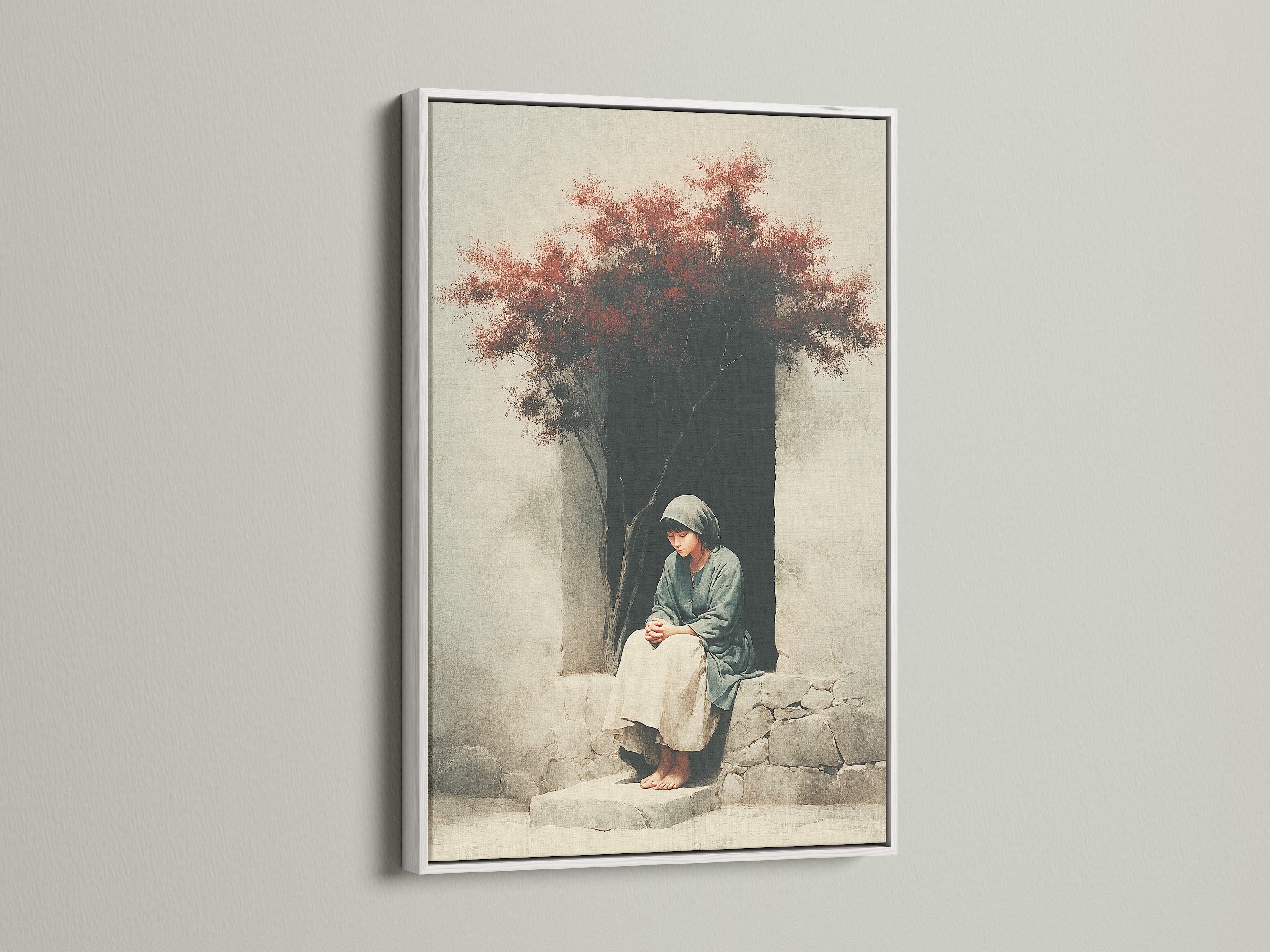 Artwork in a white frame. The white frame offers a clean and modern look. This frame makes the artwork pop. The bright white enhances the colors and details. Ideal for minimalist or Scandinavian-style homes. Brighten your living space with our framed art.