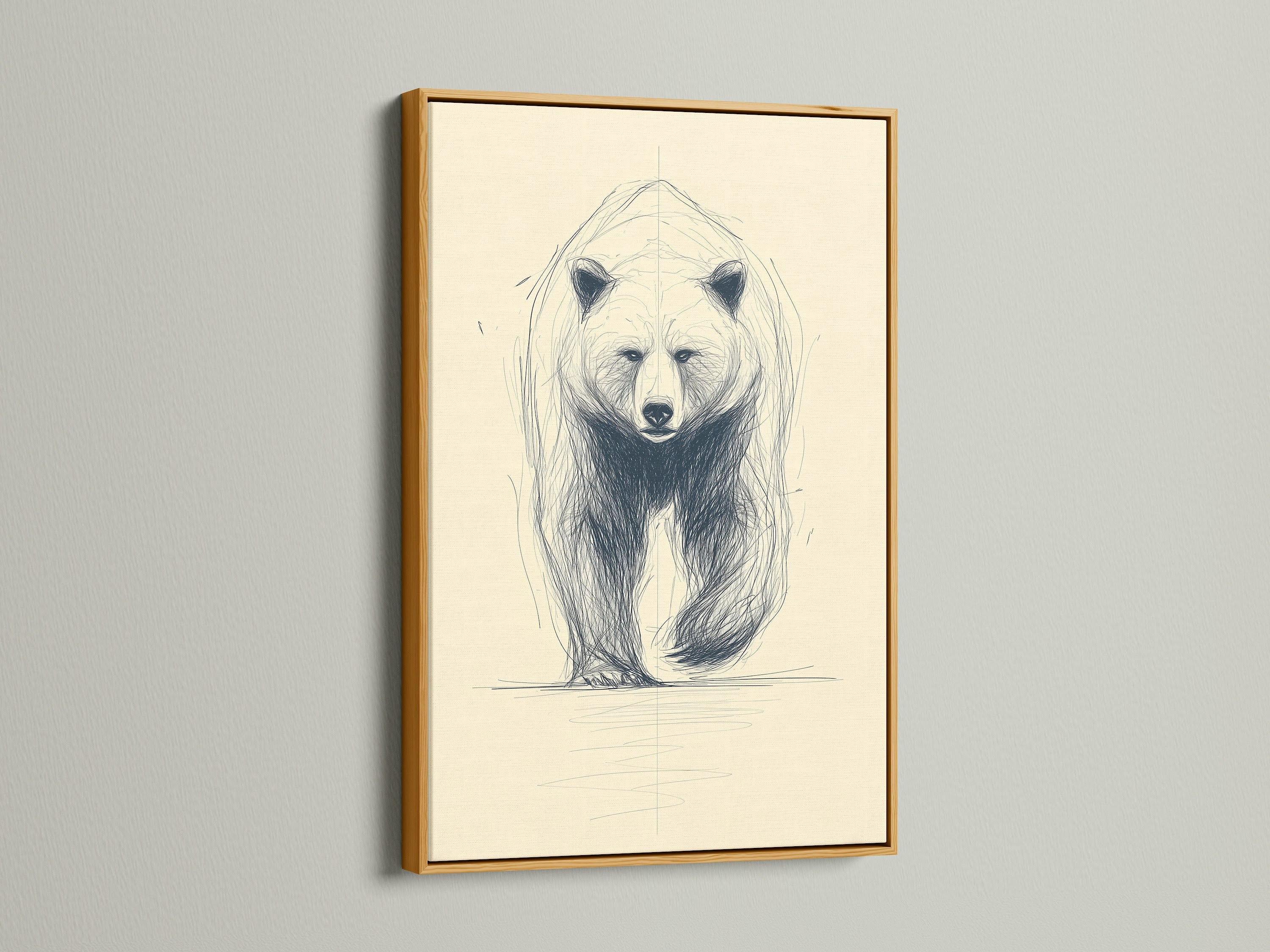 A bear art print in a gold frame. The gold frame enhances the vintage feel of the animal drawing. This minimalist wildlife sketch adds a touch of luxury to any room. Perfect for living rooms and offices. The bear artwork complements rustic decor.