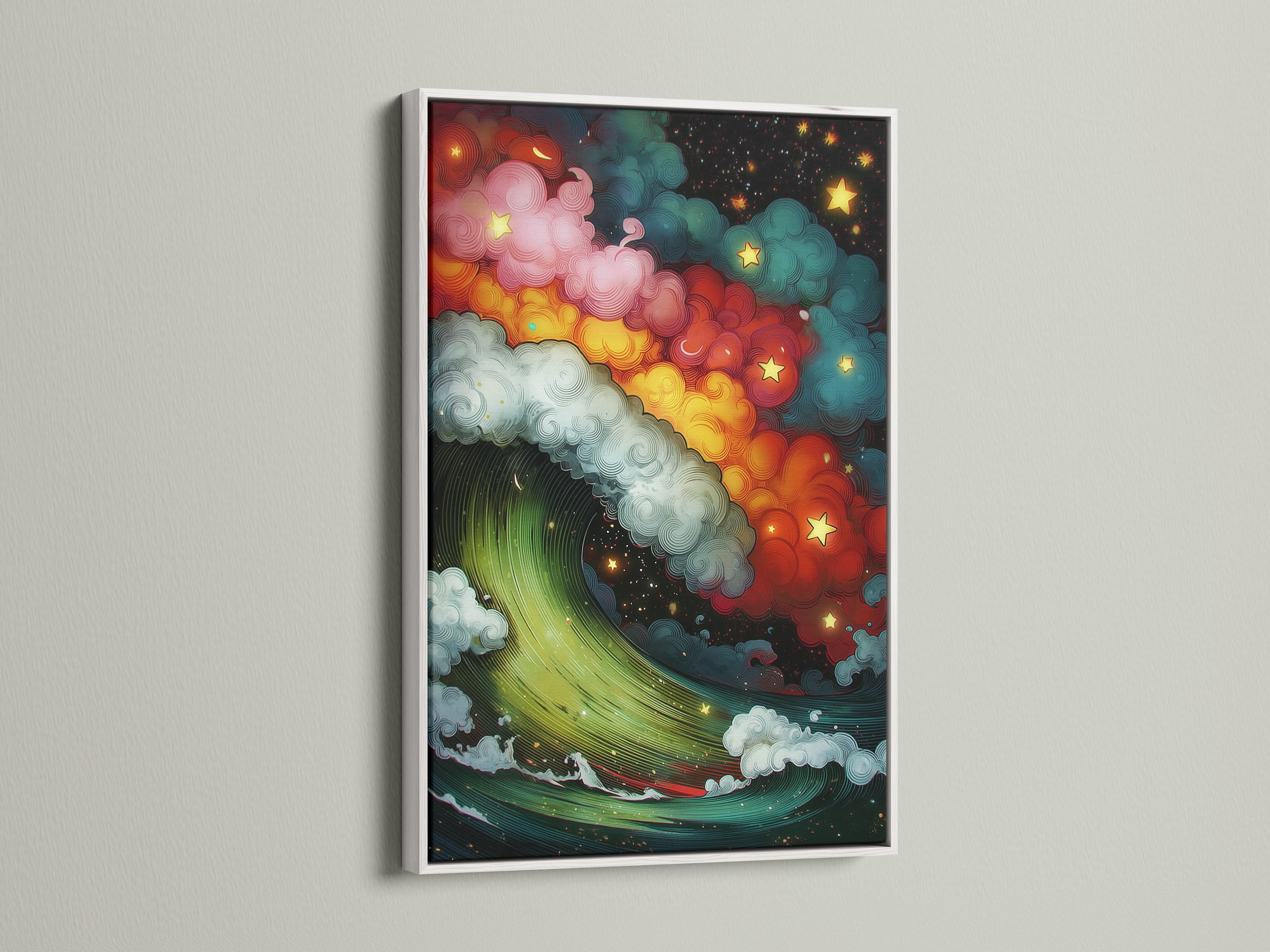 The Cosmic Wave art is beautifully displayed in a white frame. The white frame offers a clean and modern aesthetic. This frame complements the colorful space art. Add a bright touch to your cosmic artwork with a white frame. It is perfect for bedroom wall art.