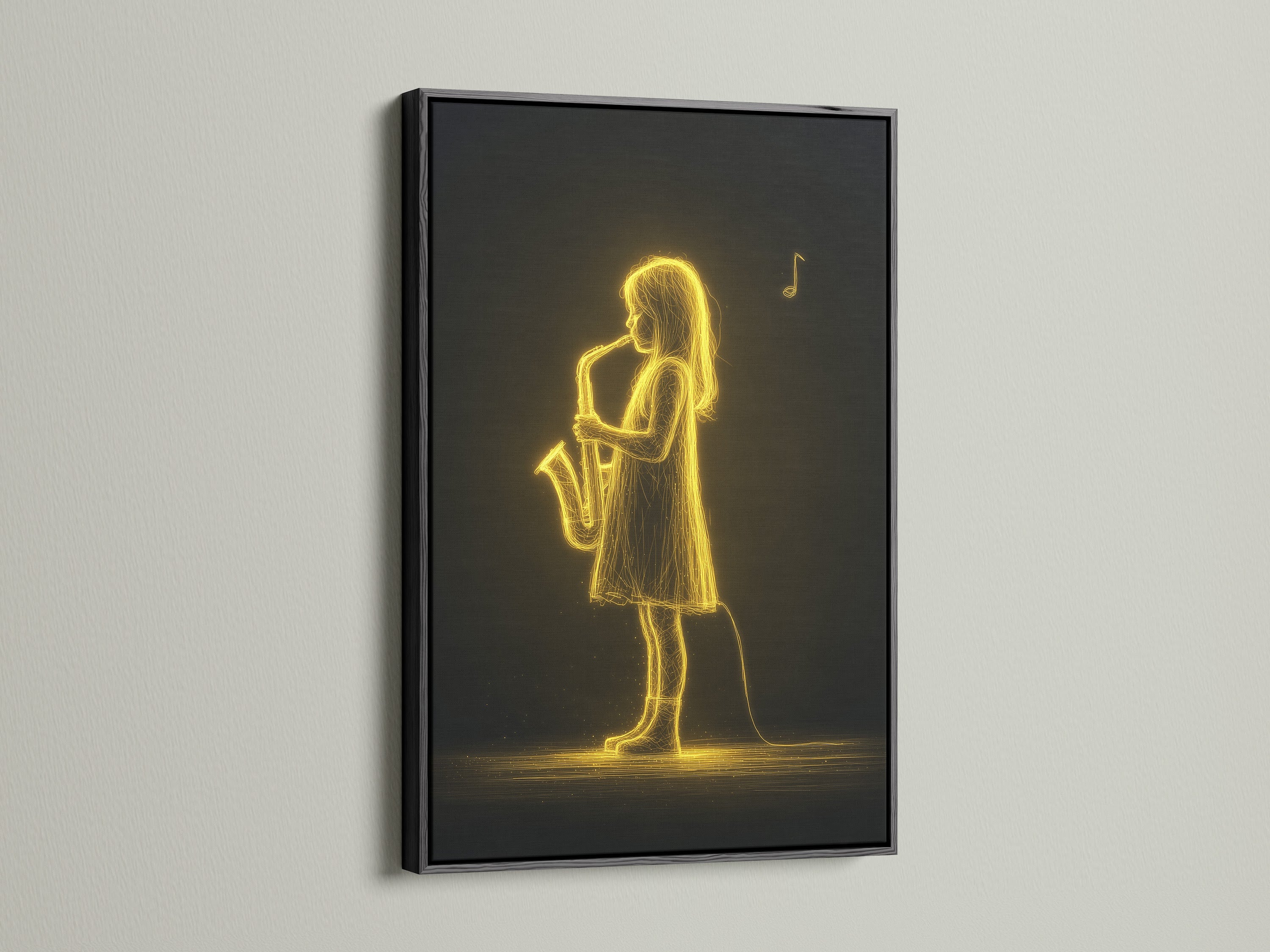 View the Saxophone Player Art Print in a sleek black frame. This bold frame enhances the contrast of the jazz musician canvas. It creates a sophisticated statement. A great addition to any jazz club decor