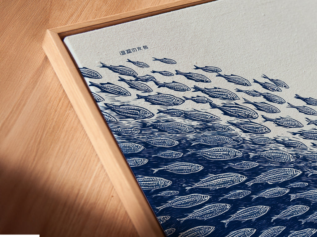 A close-up angled view reveals a canvas print in a floating frame. The fish school artwork creates a stunning visual effect. This modern fish art is perfect for minimalist and Scandinavian interiors. Discover the beauty of our sea life prints.