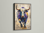 The artwork of a bull is showcased in a black frame. A black frame adds a classic touch. The contrast between the colorful bull and the black frame is striking. This piece is sure to draw attention. It's a great addition to any art collection. The artwork is modern and bold.