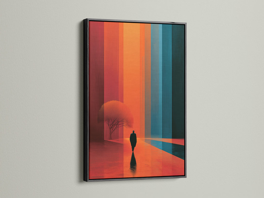 Surreal landscape artwork with a black frame. This modern abstract wall art features a minimalist figure. The artwork showcases orange and teal hues. Ideal for living rooms bedrooms offices hallways foyers and studios.
