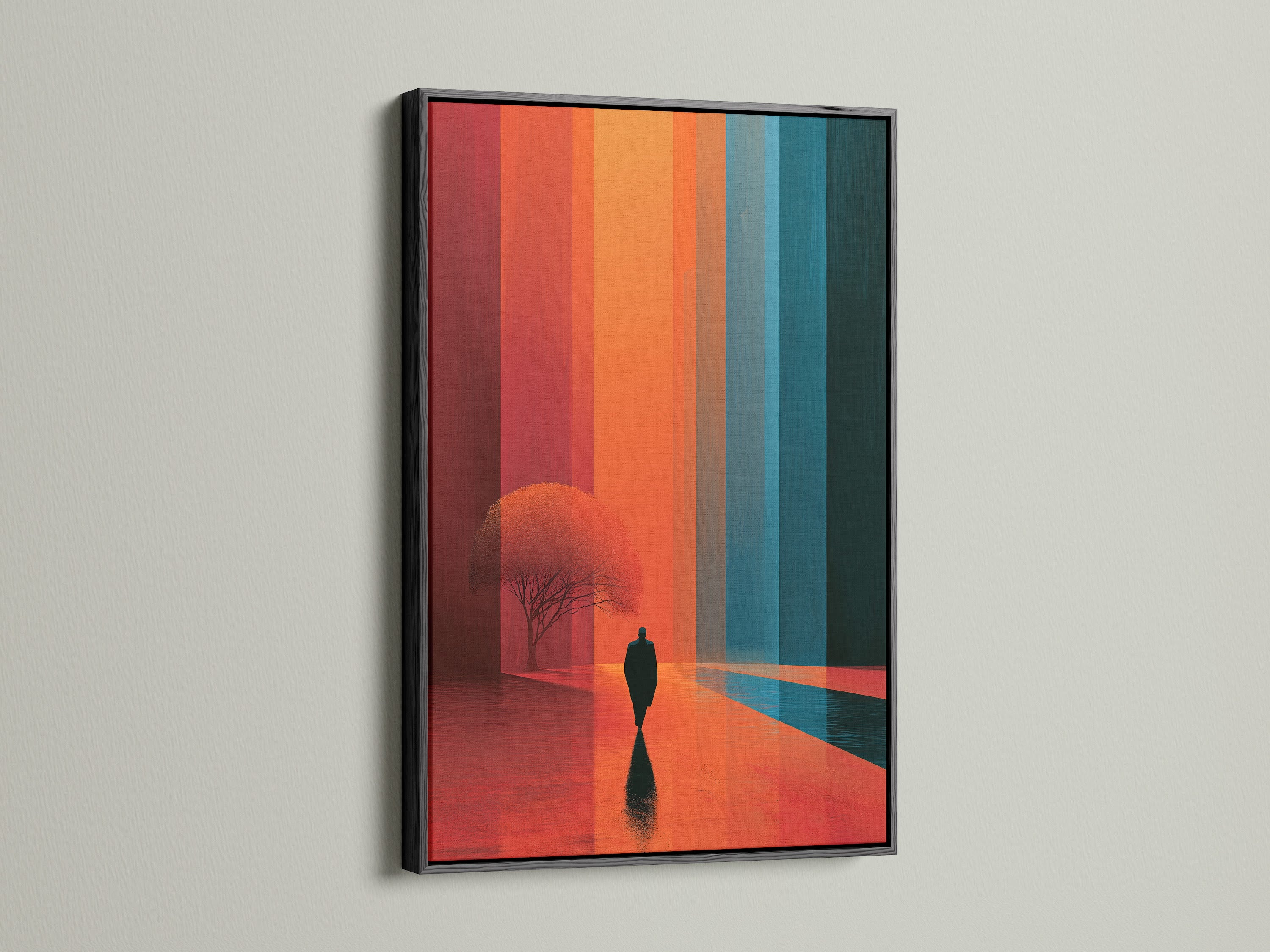 Surreal landscape artwork with a black frame. This modern abstract wall art features a minimalist figure. The artwork showcases orange and teal hues. Ideal for living rooms bedrooms offices hallways foyers and studios.