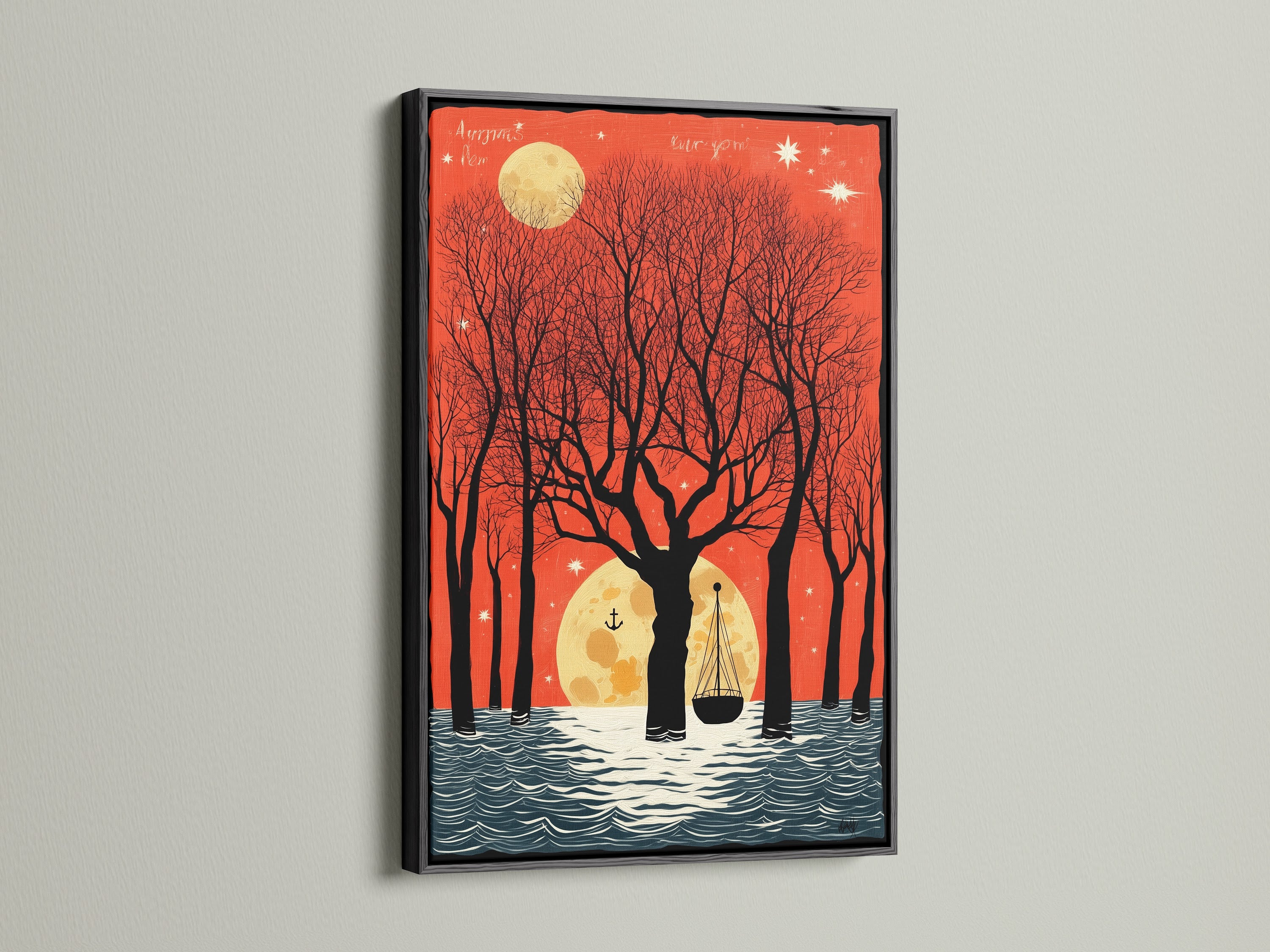 A moonlit boat artwork displayed in a black frame. This artwork's dark frame accentuates the vibrant red sky. The vintage seascape adds sophistication to any space. Perfect for a modern or classic art collection.