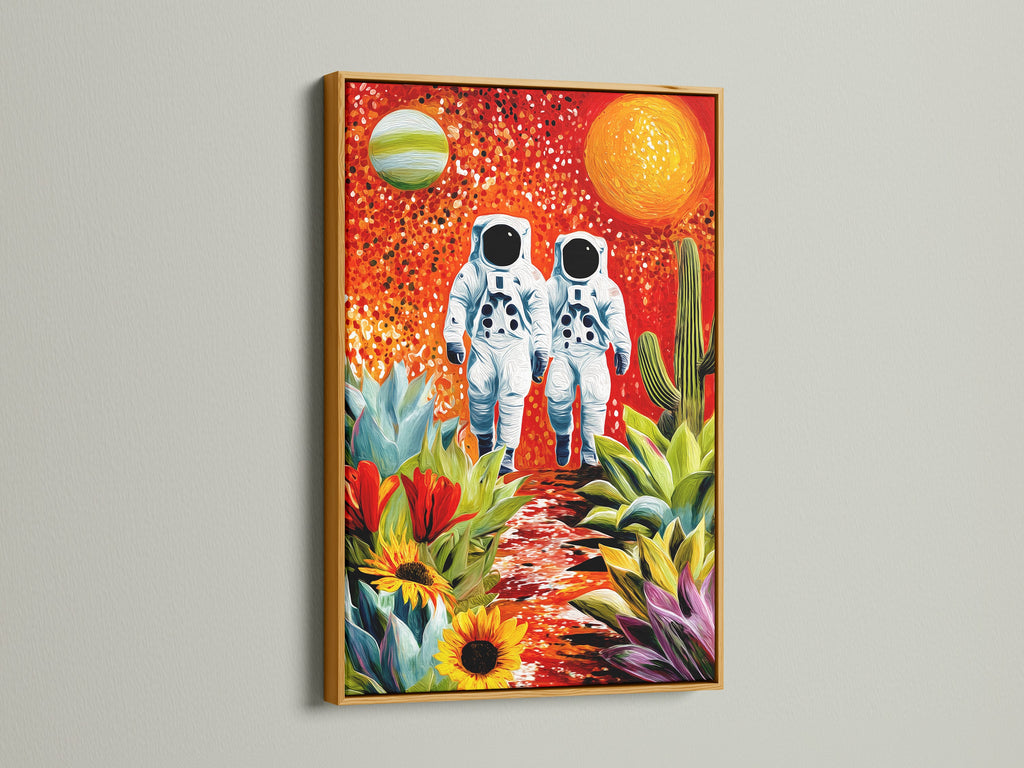 Astronauts artwork is highlighted with a luxurious gold frame. The artwork features surreal desert scenery and astronauts. The gold frame enhances the artwork's vibrant colors. Elevate your wall decor with this stunning piece.