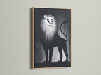 A striking lion art print is presented in an oak frame. The artwork is displayed against a light-colored wall. The oak frame enhances the artwork. Add this timeless piece to your home decor.