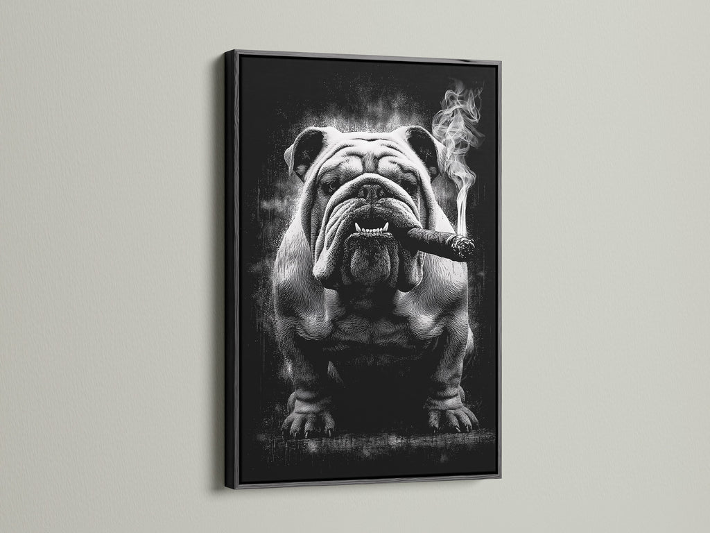 Bulldog smoking canvas artwork in a black frame. This gangster dog art is a conversation starter. It's an edgy pet print perfect for masculine wall art. This vintage animal art adds character to lounges and studios.