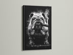 Bulldog smoking canvas artwork in a black frame. This gangster dog art is a conversation starter. It's an edgy pet print perfect for masculine wall art. This vintage animal art adds character to lounges and studios.