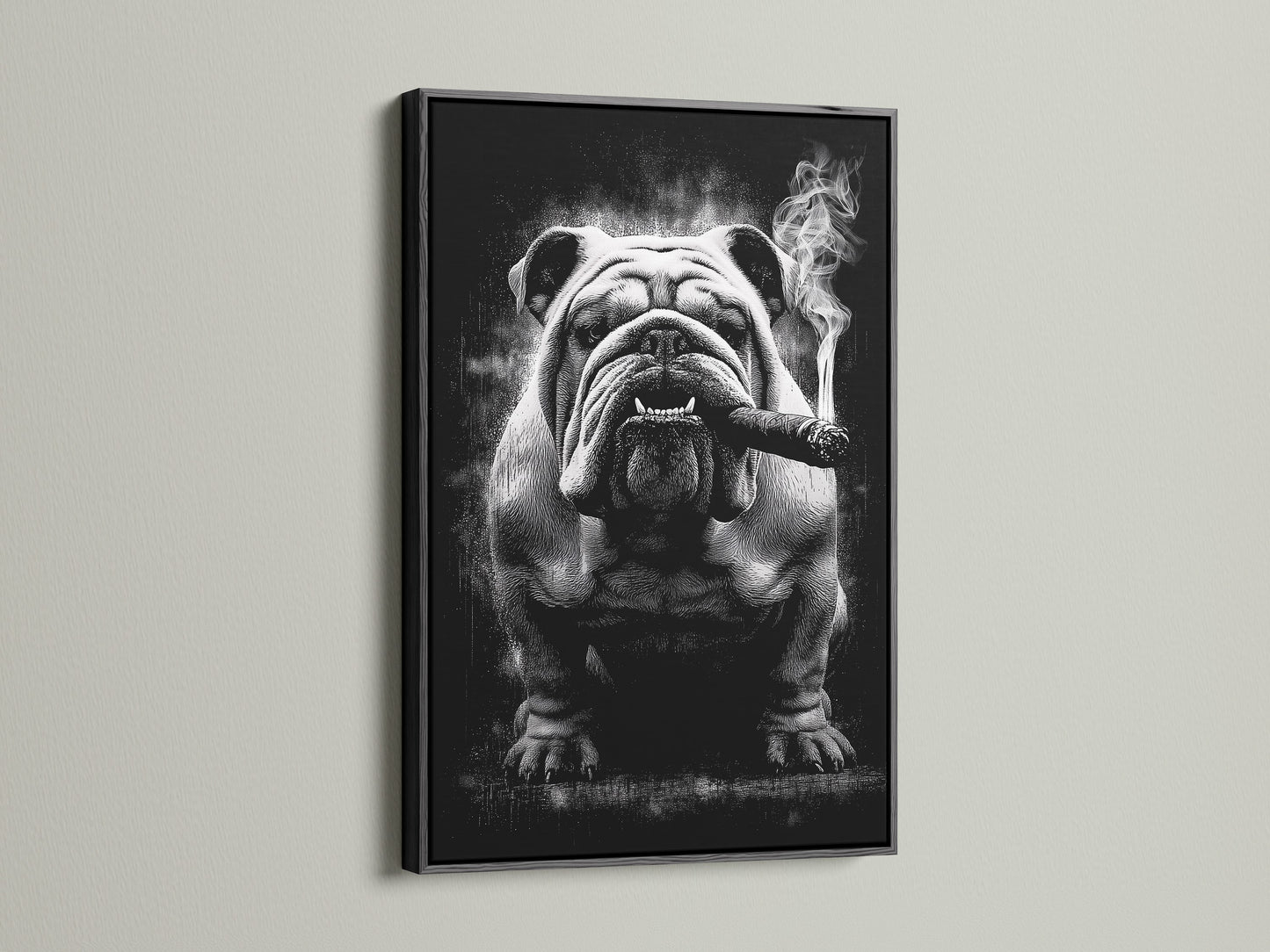 Bulldog smoking canvas artwork in a black frame. This gangster dog art is a conversation starter. It's an edgy pet print perfect for masculine wall art. This vintage animal art adds character to lounges and studios.