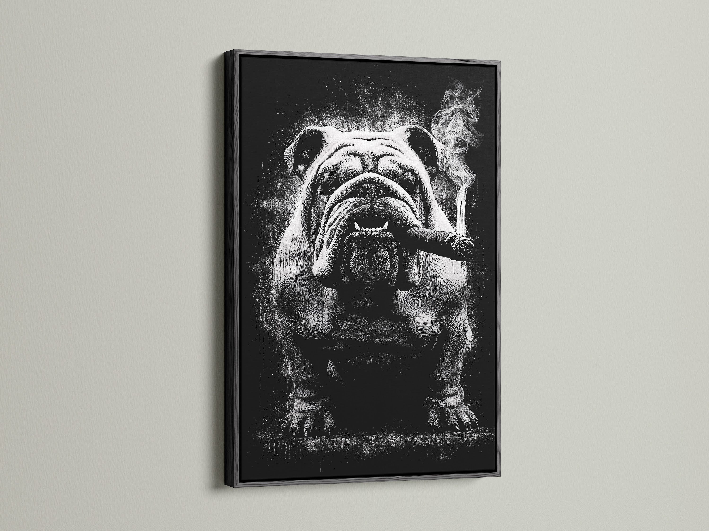 Bulldog smoking canvas artwork in a black frame. This gangster dog art is a conversation starter. It's an edgy pet print perfect for masculine wall art. This vintage animal art adds character to lounges and studios.