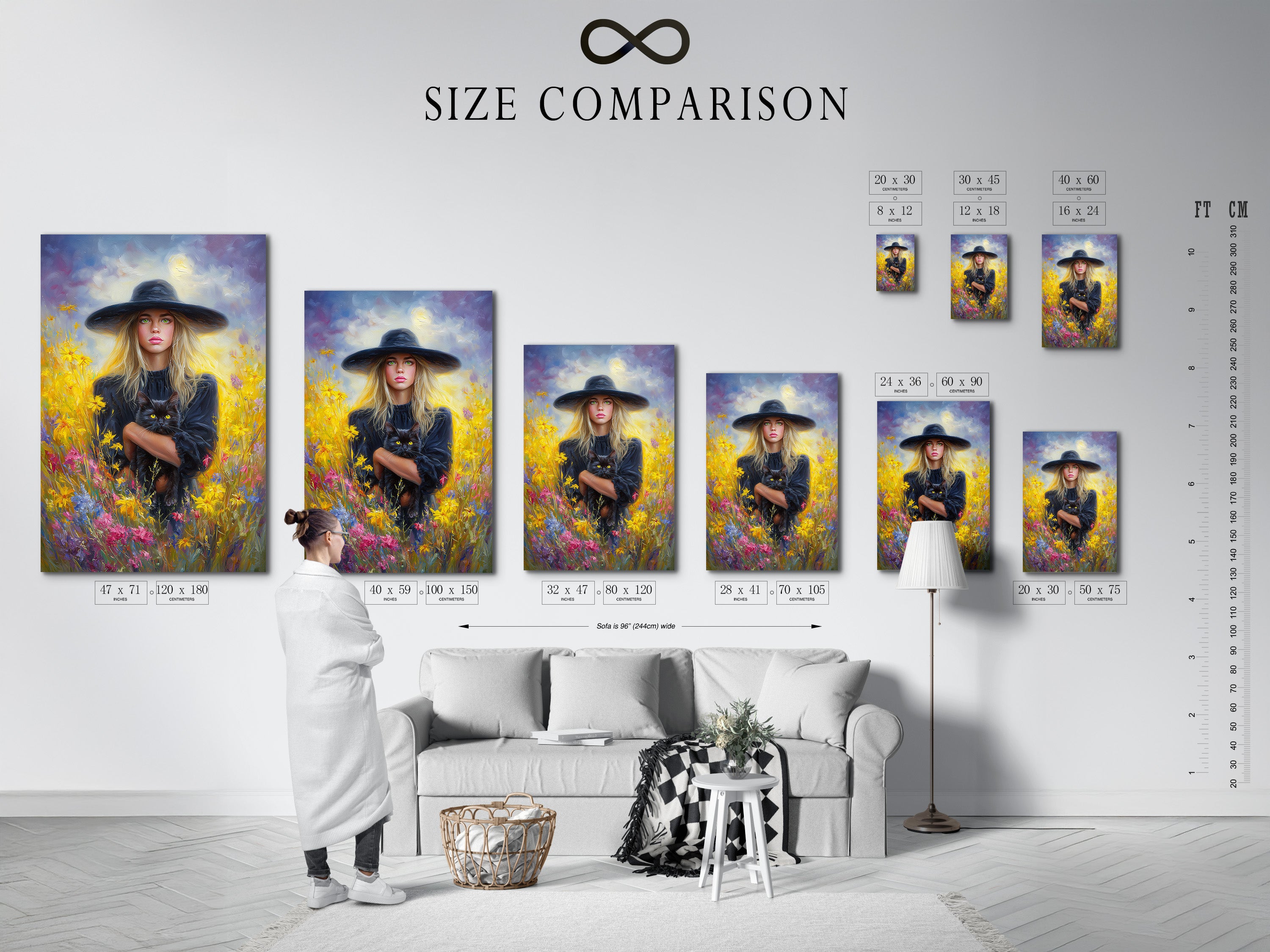 A size comparison chart is displayed in an interior setting. This chart helps you visualize artwork dimensions in a real room. Choose the perfect size for your space. Ensure your artwork fits seamlessly with your decor.