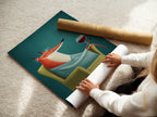 A woman carefully rolls a fine art poster paper. The paper is ready for a fox art print. This ensures the artwork arrives in pristine condition. Ready to become whimsical animal canvas art.