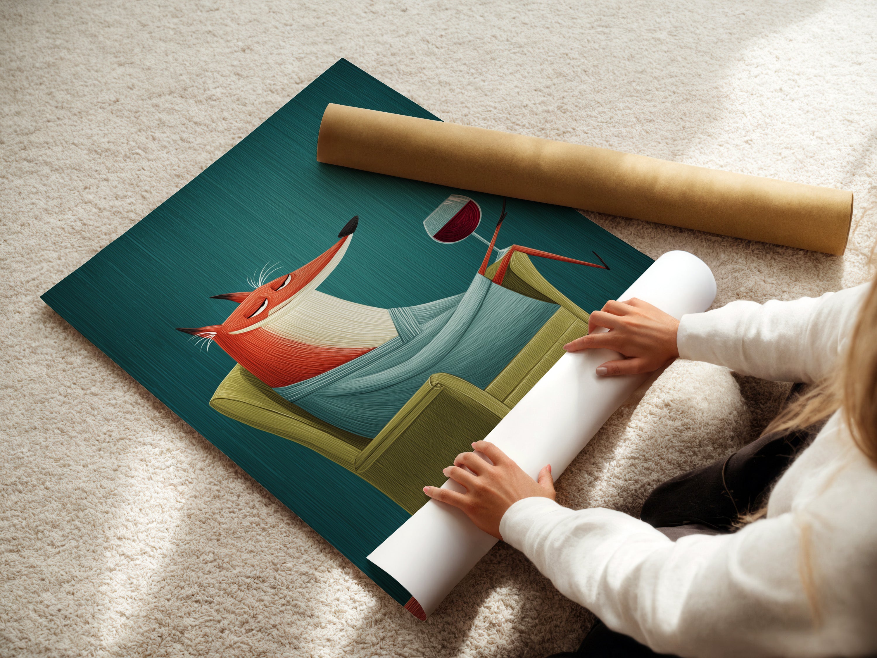 A woman carefully rolls a fine art poster paper. The paper is ready for a fox art print. This ensures the artwork arrives in pristine condition. Ready to become whimsical animal canvas art.
