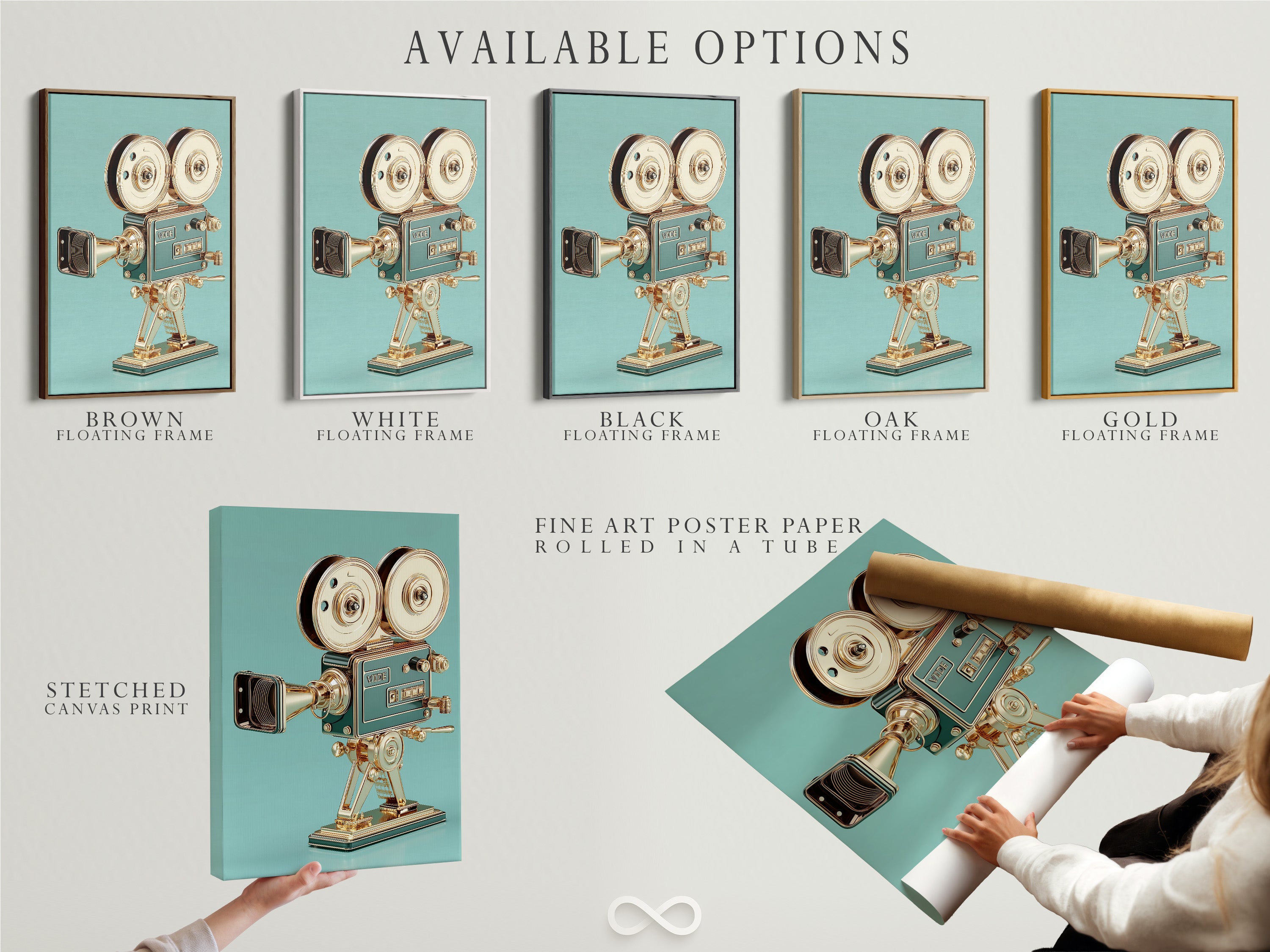 This image showcases the available options for a vintage camera artwork. Options include a stretched canvas print a fine art poster paper and a floating frame. Each option offers a unique way to display and enjoy the artwork. This allows customers to choose the best fit for their personal style. It enhances their decor.