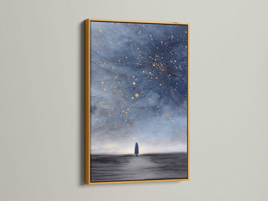 A celestial night sky artwork shines in a gold frame. The cosmic wall decor is elevated by the metallic accent. Perfect for adding a luxurious touch to minimalist space art and astronomy prints.