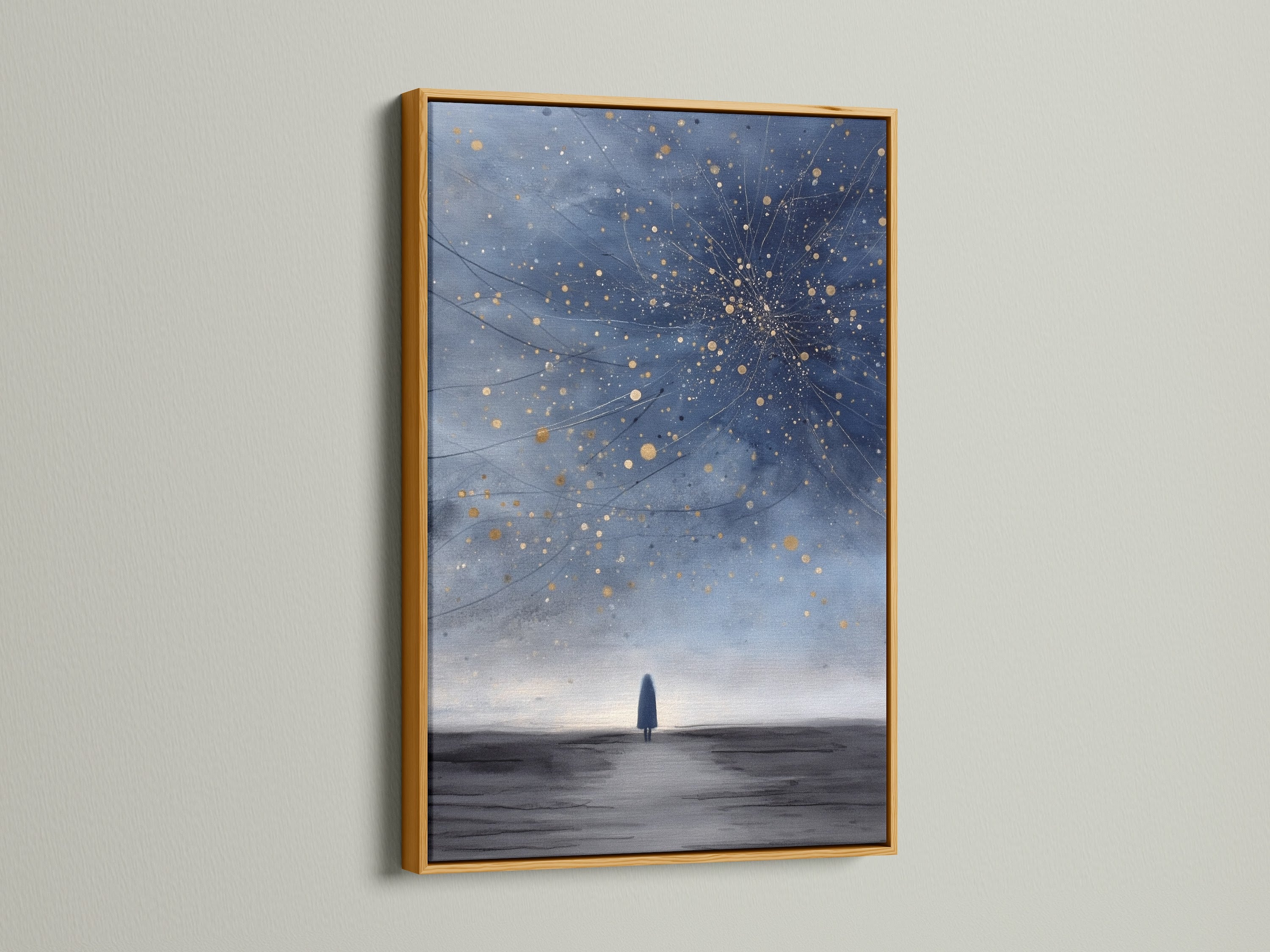 A celestial night sky artwork shines in a gold frame. The cosmic wall decor is elevated by the metallic accent. Perfect for adding a luxurious touch to minimalist space art and astronomy prints.