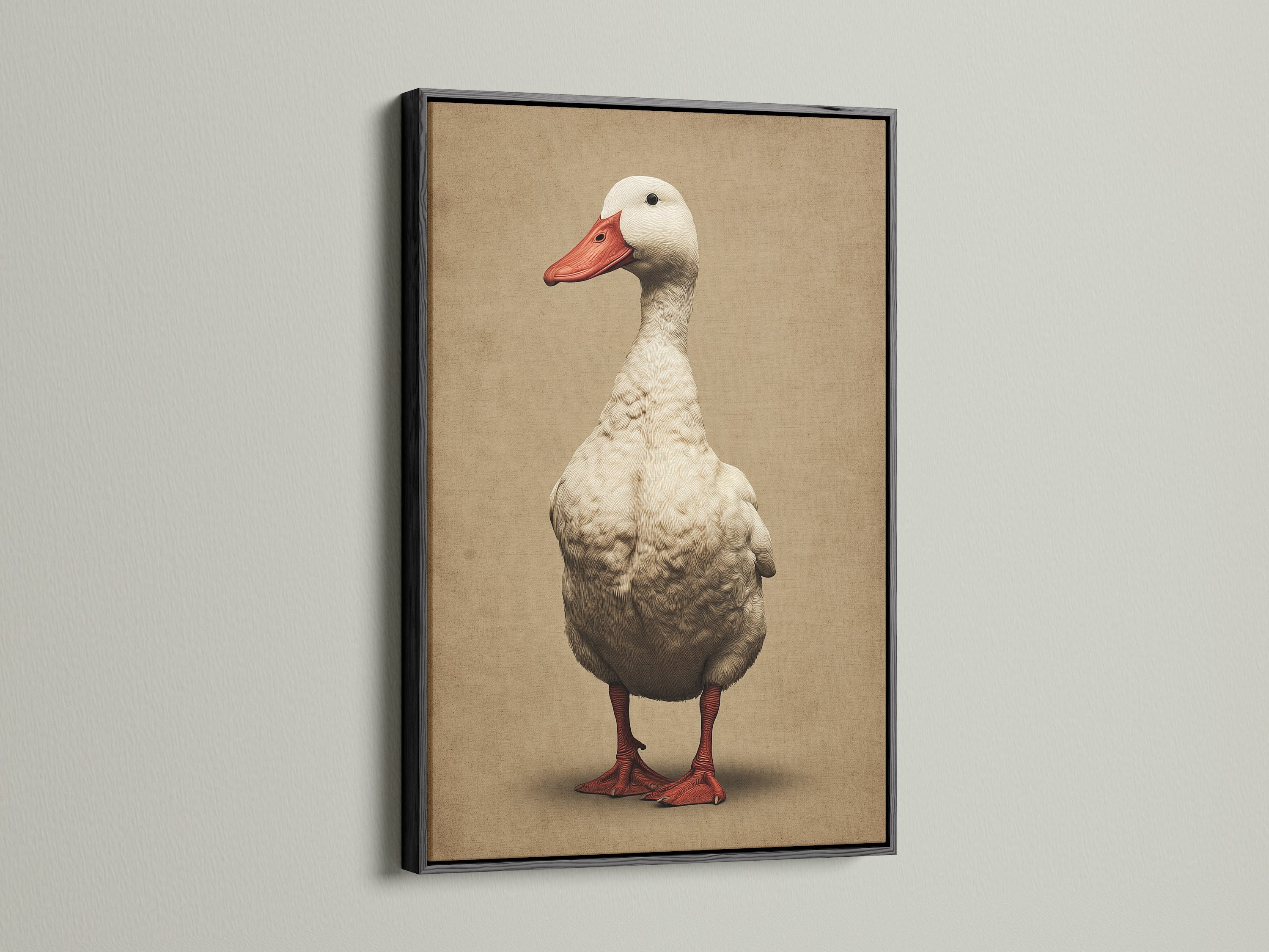 The vintage duck artwork print is displayed in a black frame. This rustic animal art enhances your kitchen wall decor. The goose art print brings a country aesthetic to your home. This is an ideal piece for farmhouse decor.