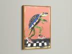 Turtle skateboard art print with a gold frame. This striking piece adds a touch of glam to your decor. The cool animal art pops against the coral pink background. Perfect for adding a retro vibe to a teen bedroom or studio. Its a playful and unique wall statement.
