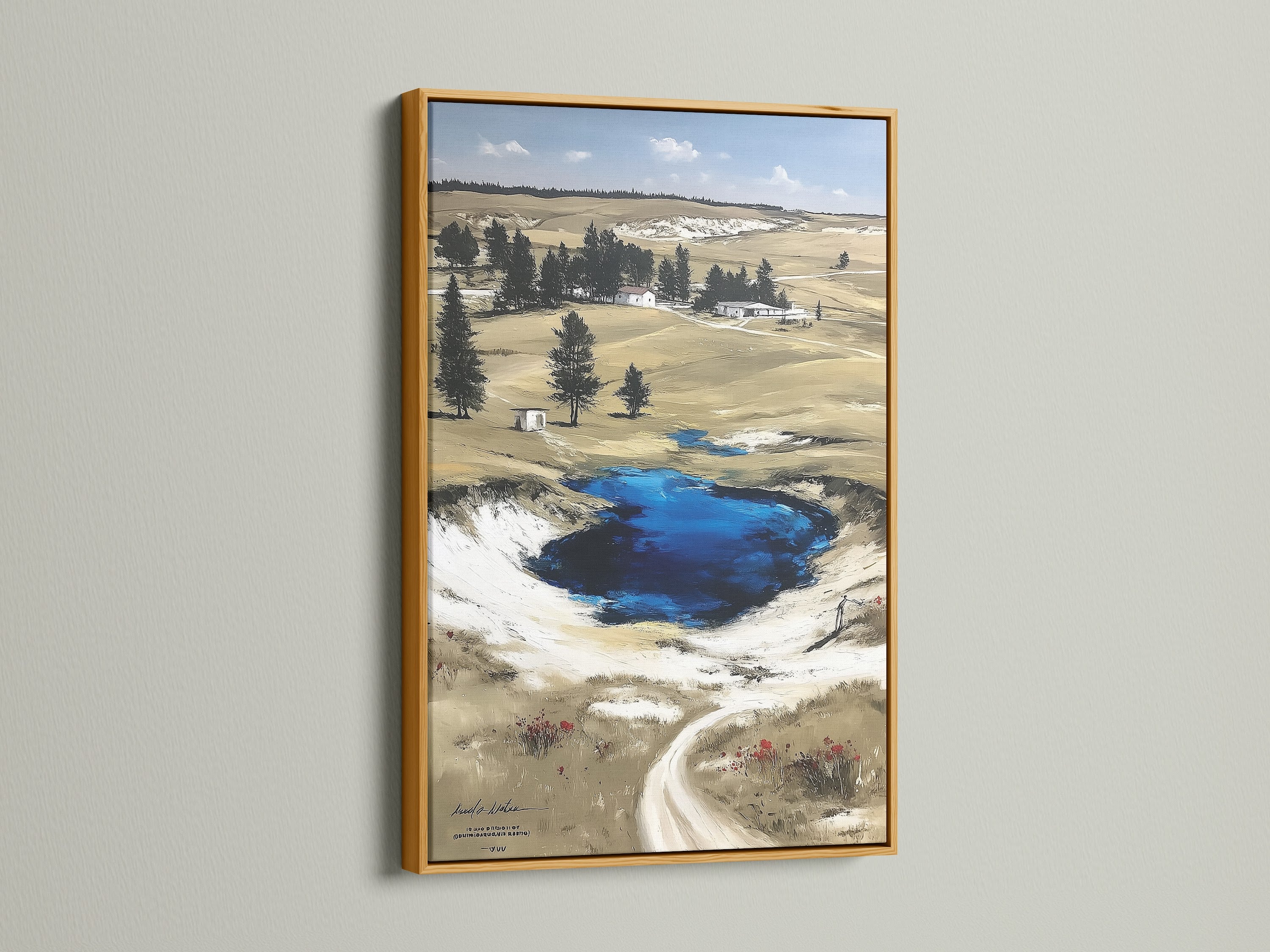 Gold frame displays Wyoming landscape artwork. Perfect nature wall art for rustic farmhouse neutral or nature-inspired styles. The Grand Prismatic Springs Yellowstone National Park poster is great for living rooms cabins offices and libraries. This scenic artwork elevates any space.