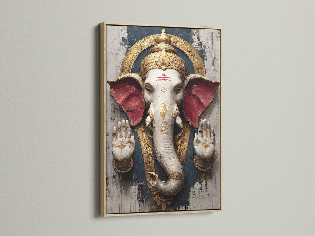 Ganesha Wall Art in an oak frame. This Hindu Elephant God canvas print is perfect spiritual wall art. It adds bohemian decor to any space. Ideal for meditation rooms and yoga studios. It enhances any room's aesthetic.