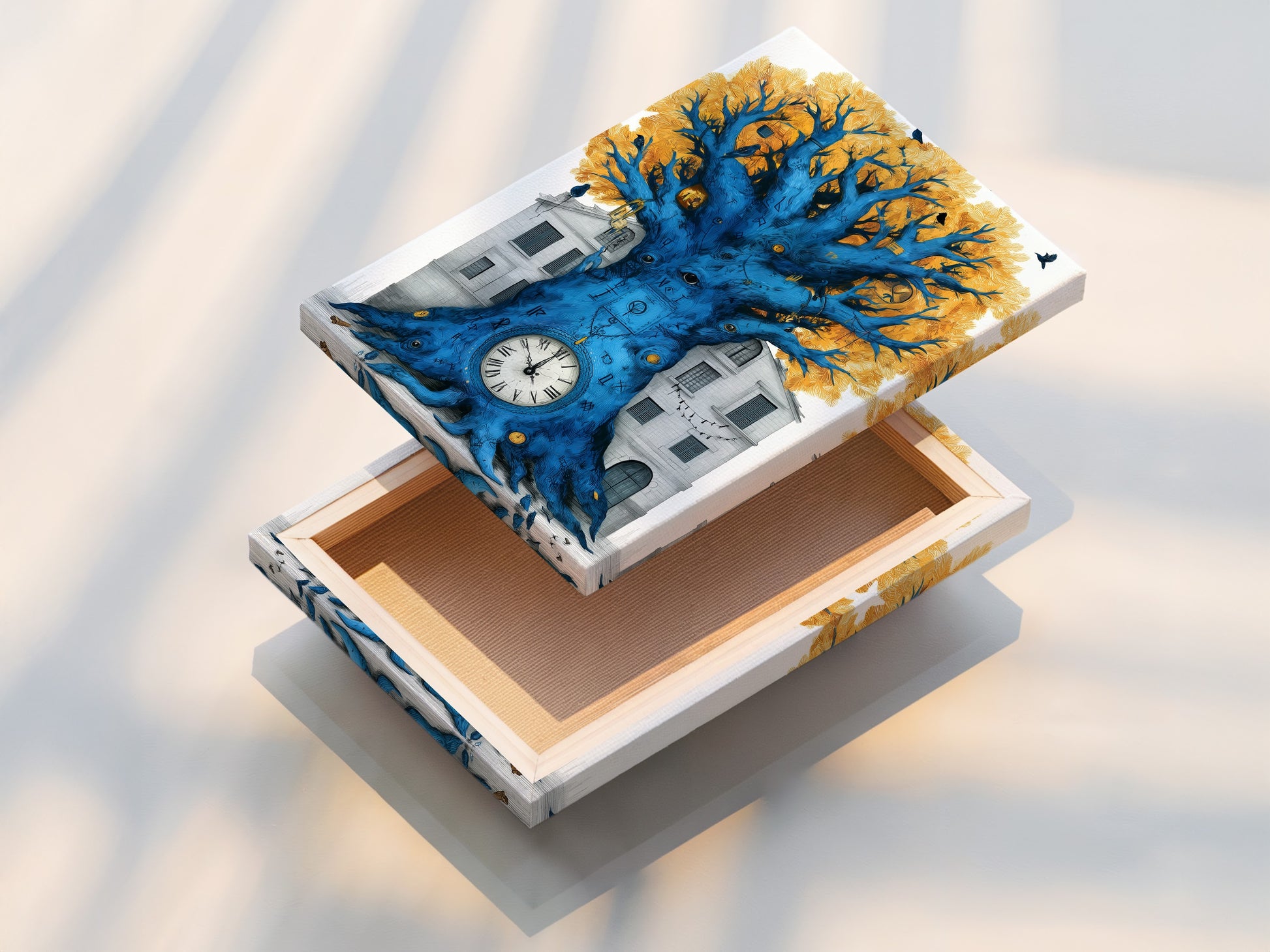 Close up of a stretched canvas print of the Surreal Clock Tree artwork. The artwork shows a blue tree with a clock at its base set against a building. The golden leaves and black birds add a whimsical touch. This fantasy artwork is perfect as office wall decor.