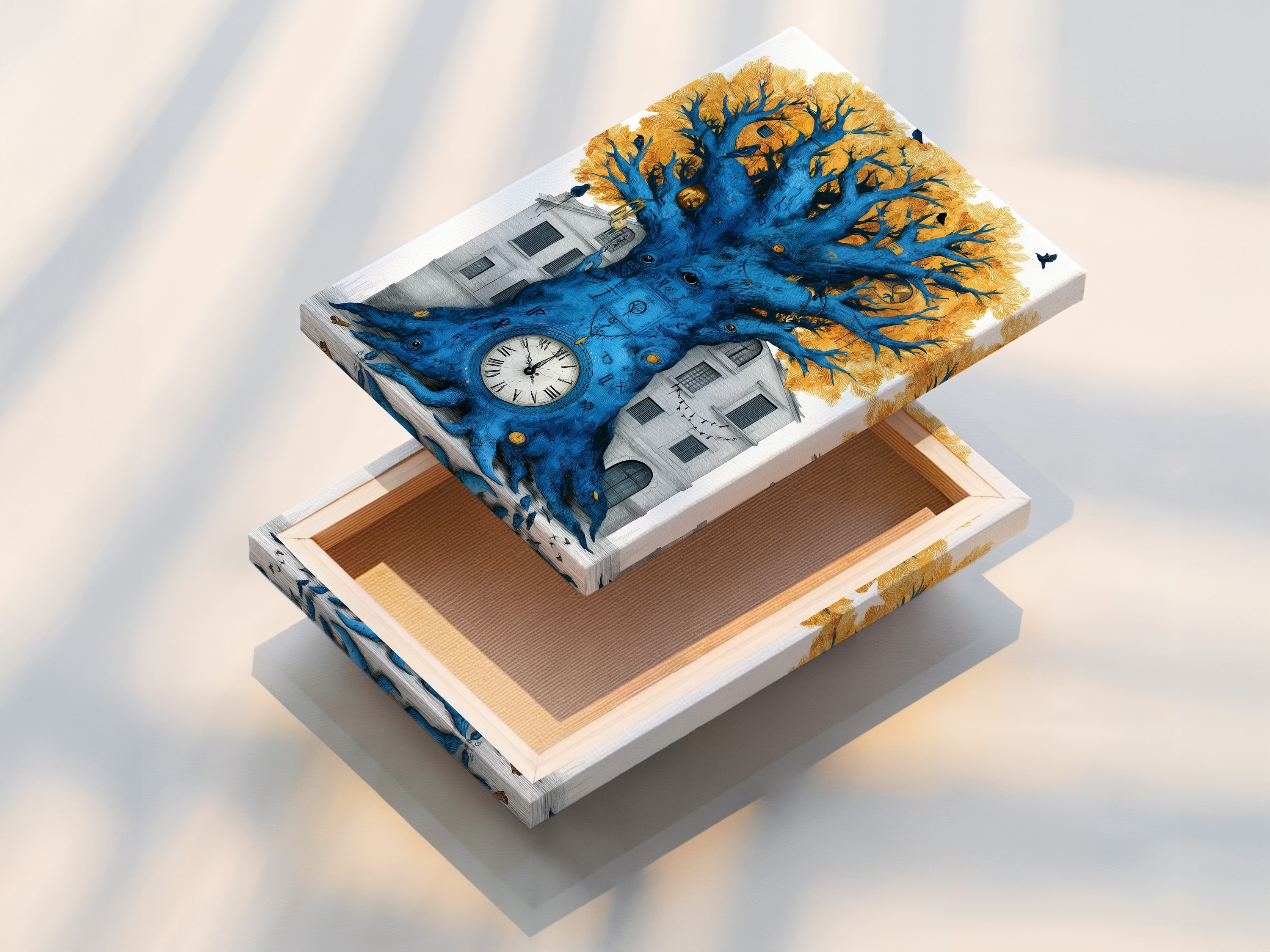 Close up of a stretched canvas print of the Surreal Clock Tree artwork. The artwork shows a blue tree with a clock at its base set against a building. The golden leaves and black birds add a whimsical touch. This fantasy artwork is perfect as office wall decor.