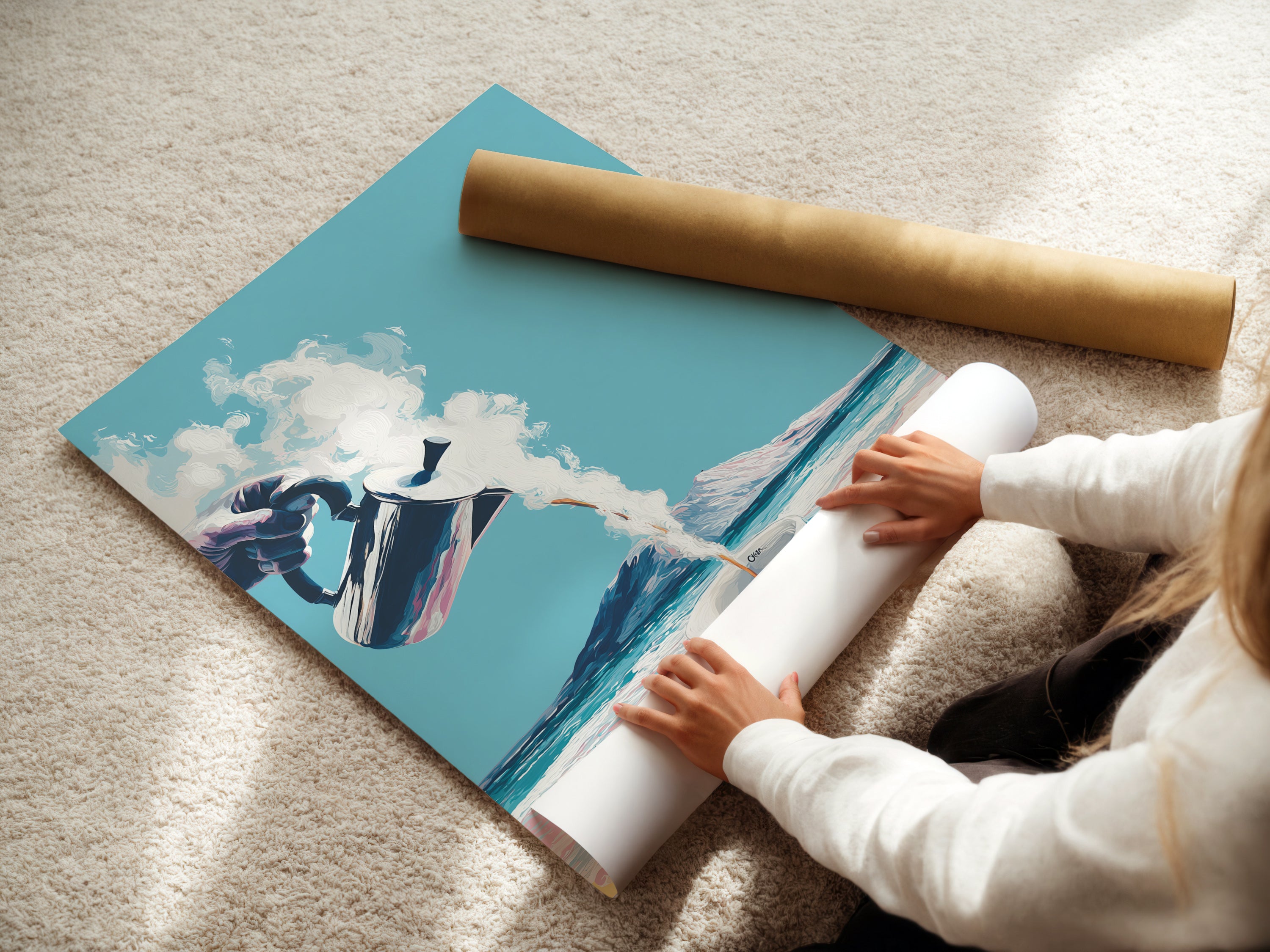 A woman rolling a fine art poster paper. High-quality printing ensures vibrant colors. The Coastal Coffee artwork is ready to be framed. Perfect for interior designers and stagers. Add a touch of coastal charm.