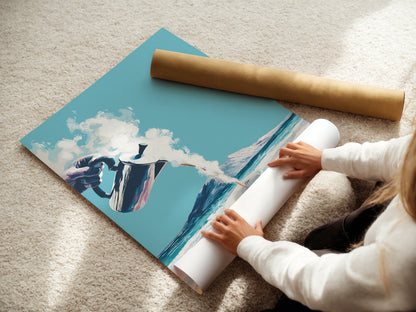 A woman rolling a fine art poster paper. High-quality printing ensures vibrant colors. The Coastal Coffee artwork is ready to be framed. Perfect for interior designers and stagers. Add a touch of coastal charm.