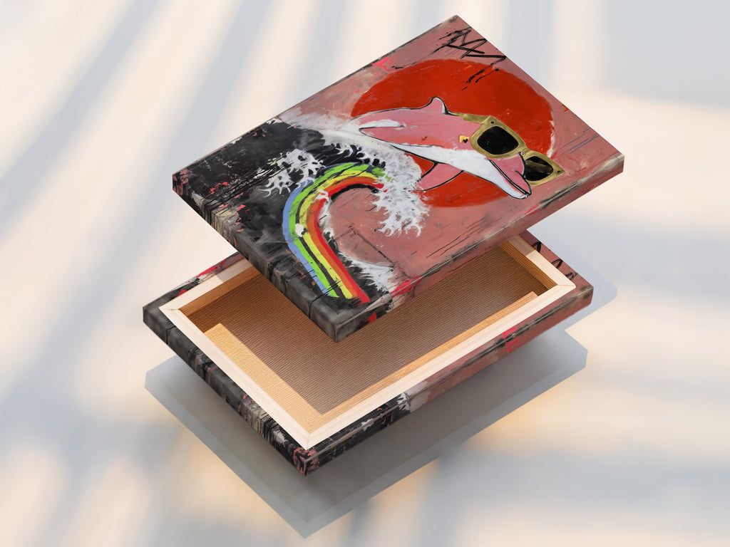 This stretched canvas print is ready to hang. The artwork features a cool flamingo. The stretched canvas provides a clean and modern look. It is perfect for adding a pop of color to any room. Enjoy the vibrant colors and funky style of this unique animal artwork.