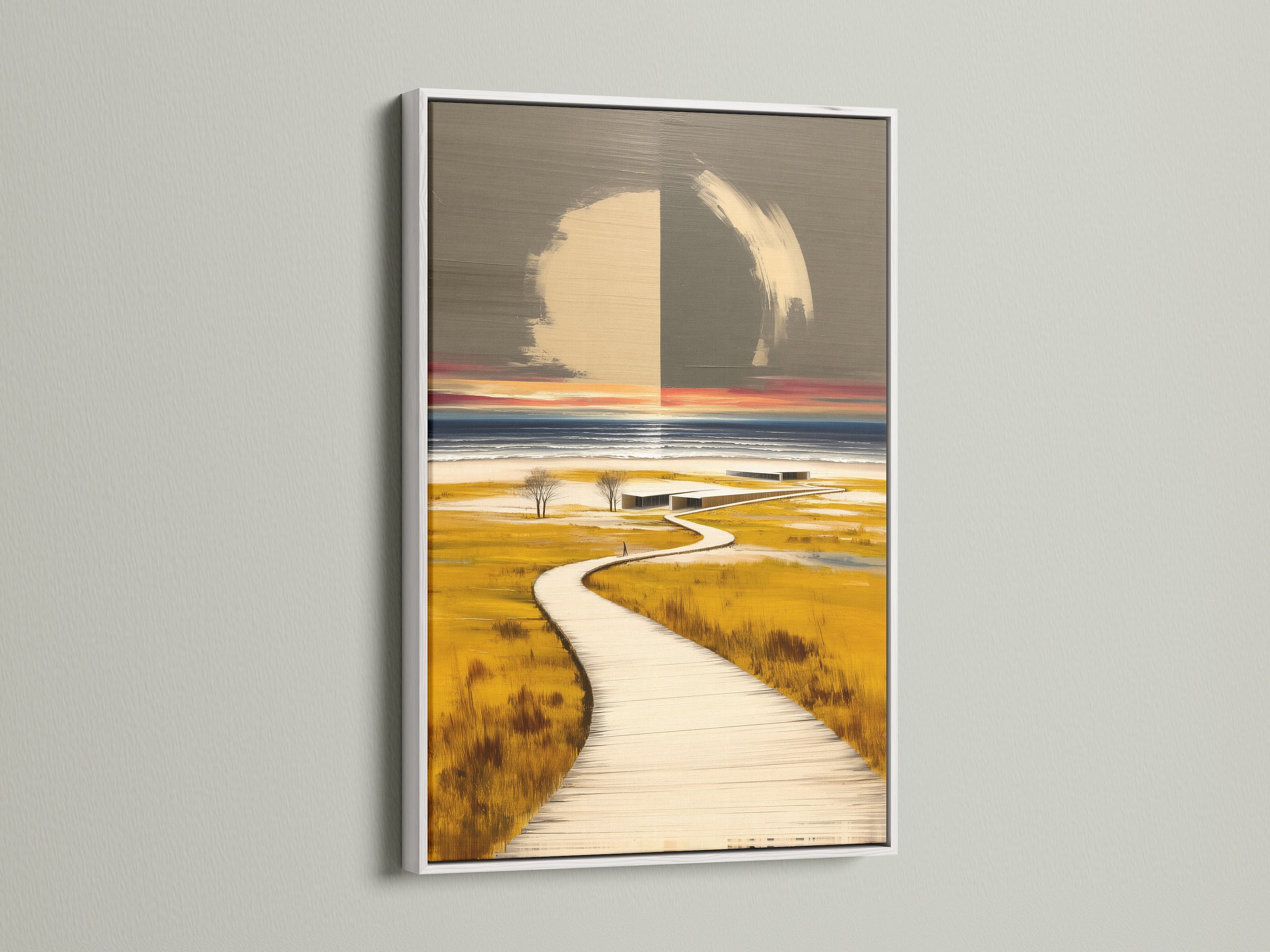 This coastal landscape artwork is beautifully showcased in a white frame. The boardwalk print brings a fresh modern touch to any room. Ideal for bedroom wall decor or as a calming piece in spas. The white frame enhances the artwork's bright coastal aesthetic.