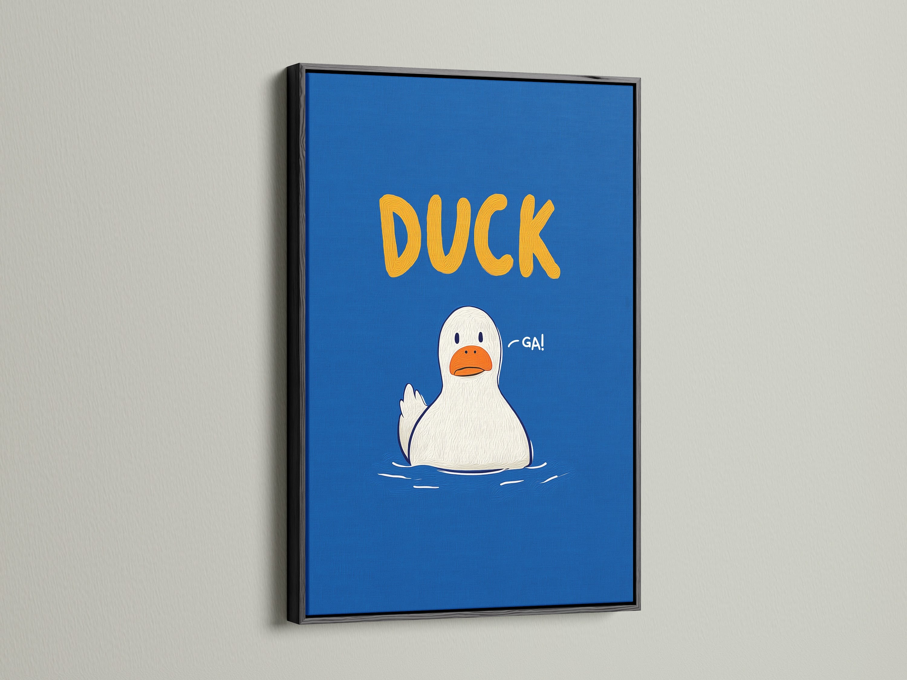 Black Frame Duck Canvas Print Funny Animal Wall Art. This blue and orange artwork will brighten any kids room. The modern style makes it perfect for nursery wall decor. It's a great gift for parents grandparents and anyone seeking playful artwork.