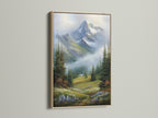This is an oak frame. It showcases a picturesque mountain landscape artwork. The oak frame adds a touch of rustic charm. It enhances the artwork's natural beauty. Transform your space with framed nature art.