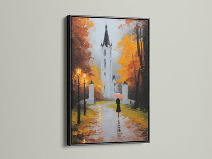 Artwork with a sleek black frame. The artwork features a building a person with an umbrella. The black frame provides a modern touch. Enhance your decor with this framed art.
