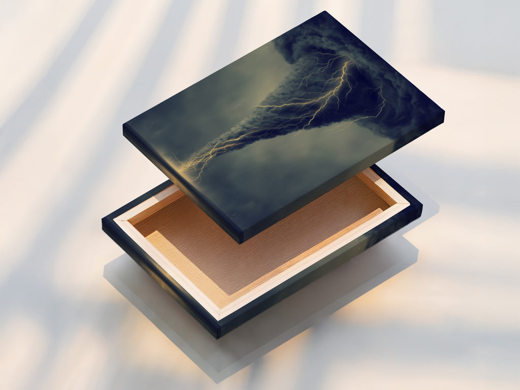 A stretched canvas print featuring a tornado. This dramatic weather art is ready to hang. The stretched canvas ensures a gallery-quality look. Perfect for living rooms bedrooms and offices. Add this moody piece to your decor today