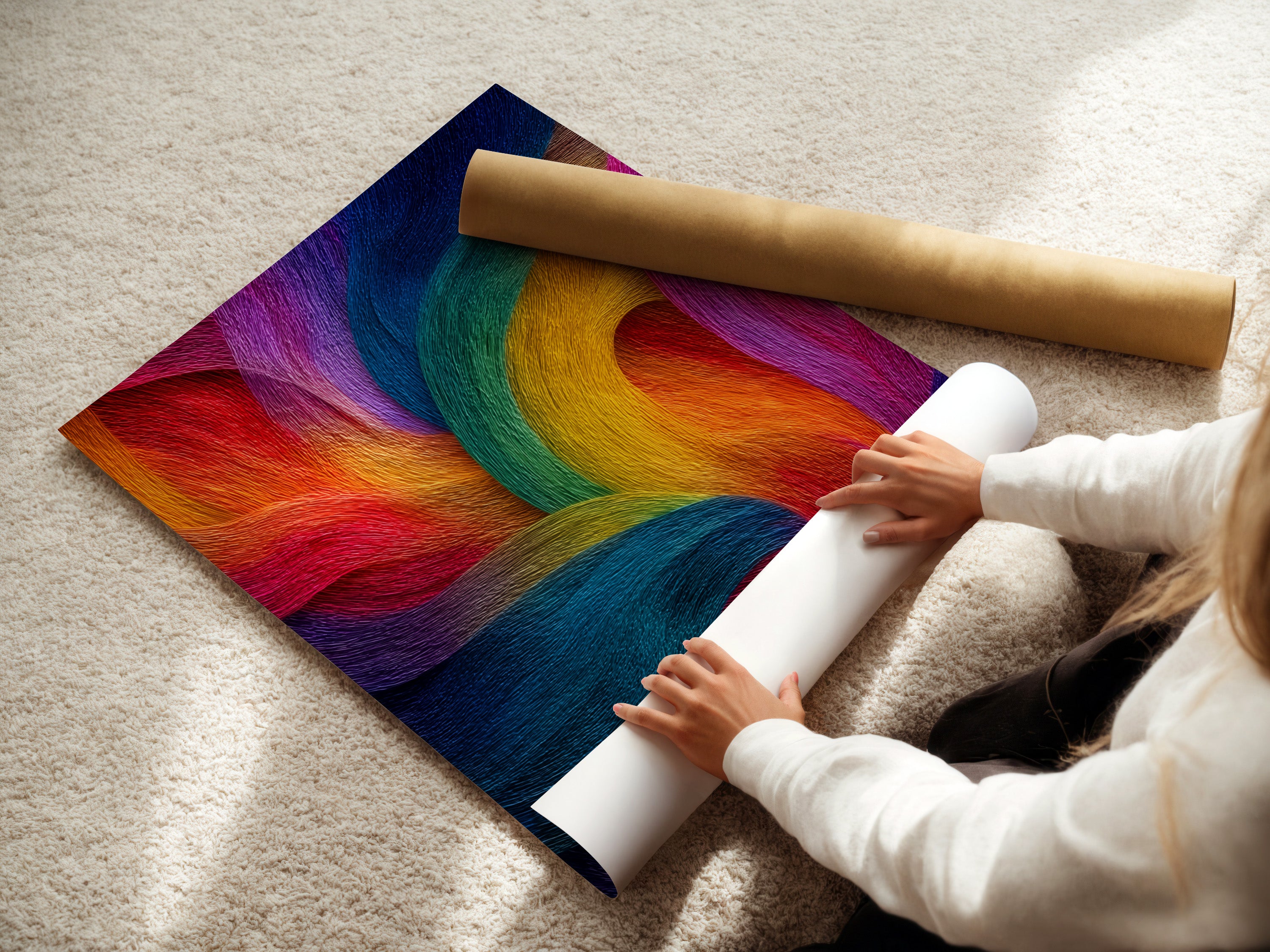 A woman carefully rolls a fine art poster paper. The poster paper is of high quality. It ensures vibrant colors and sharp details. This is the perfect medium for showcasing artwork. Fine art poster paper is ideal for art prints. It preserves the artwork's integrity. A great way to display art.