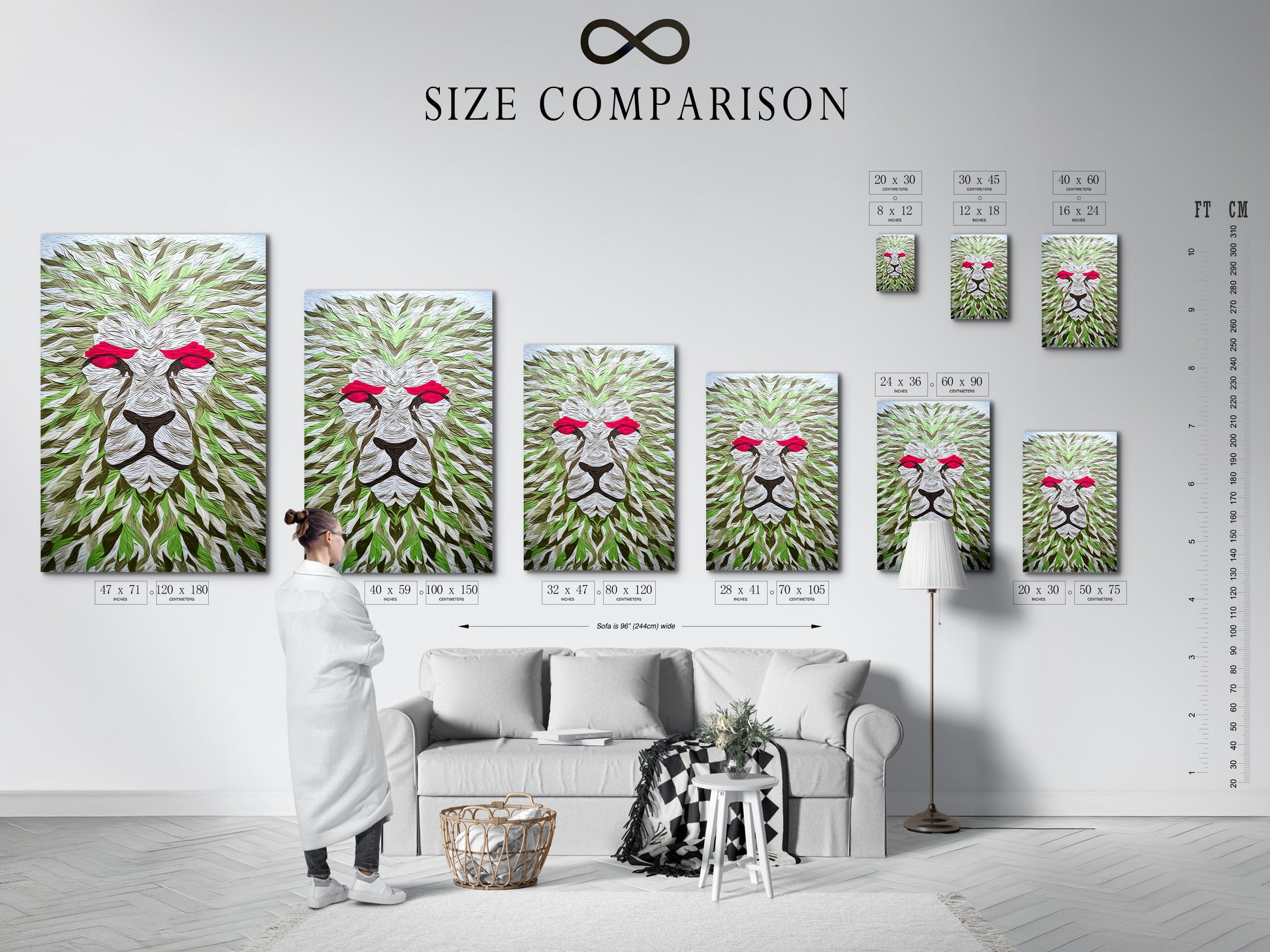 This is a size comparison chart. It is set in a modern interior. See how different art sizes fit your space. The chart helps visualize artwork dimensions. Choose the perfect size for your wall. The interior setting adds context to art selection. Ensure the right art size.