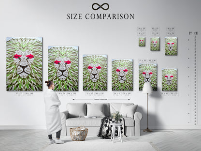 This is a size comparison chart. It is set in a modern interior. See how different art sizes fit your space. The chart helps visualize artwork dimensions. Choose the perfect size for your wall. The interior setting adds context to art selection. Ensure the right art size.