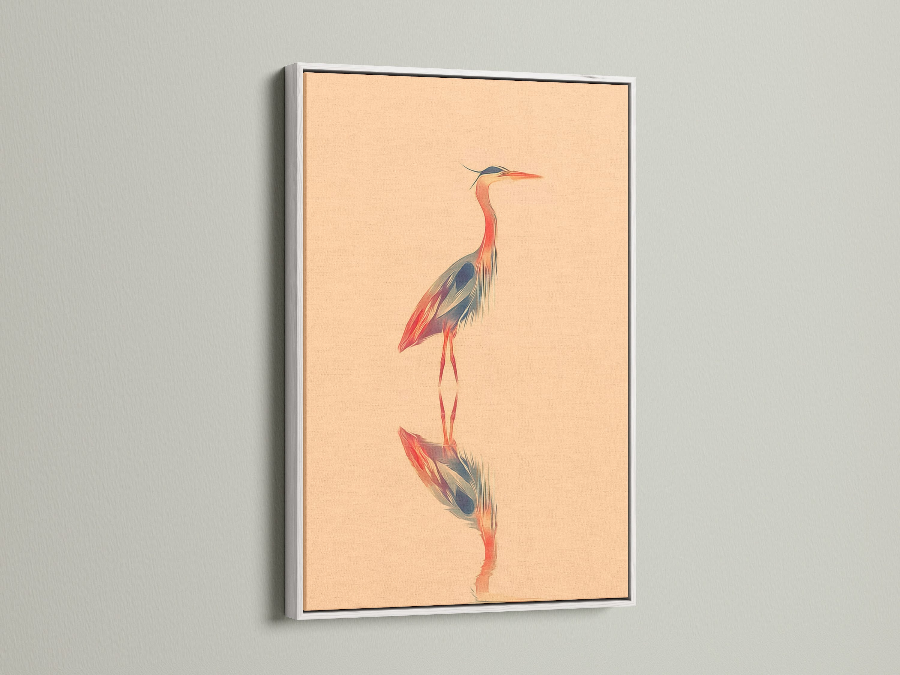Heron artwork displayed in a white frame. The contrast highlights the bird canvas print. Its minimalist decor complements any space. This avian artwork is perfect as bathroom art or modern art. It is a serene nature print.
