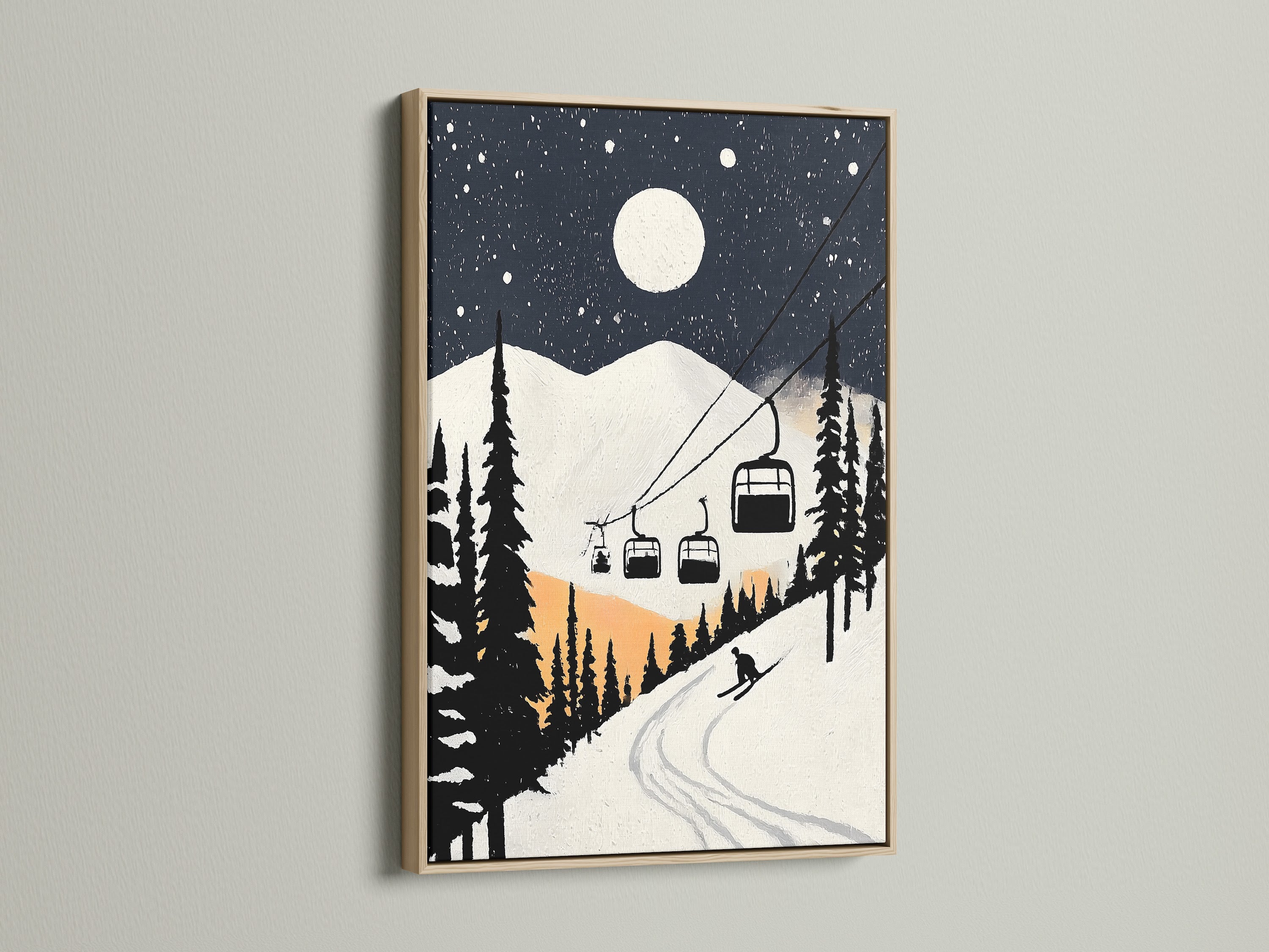 Experience the allure of our Winter Mountain Art. A vintage ski lift poster is encased in a natural oak frame. Ideal for lodge decor. This snowy night scene wall art brings a cozy ambiance. Perfect for homeowners renters and interior designers.