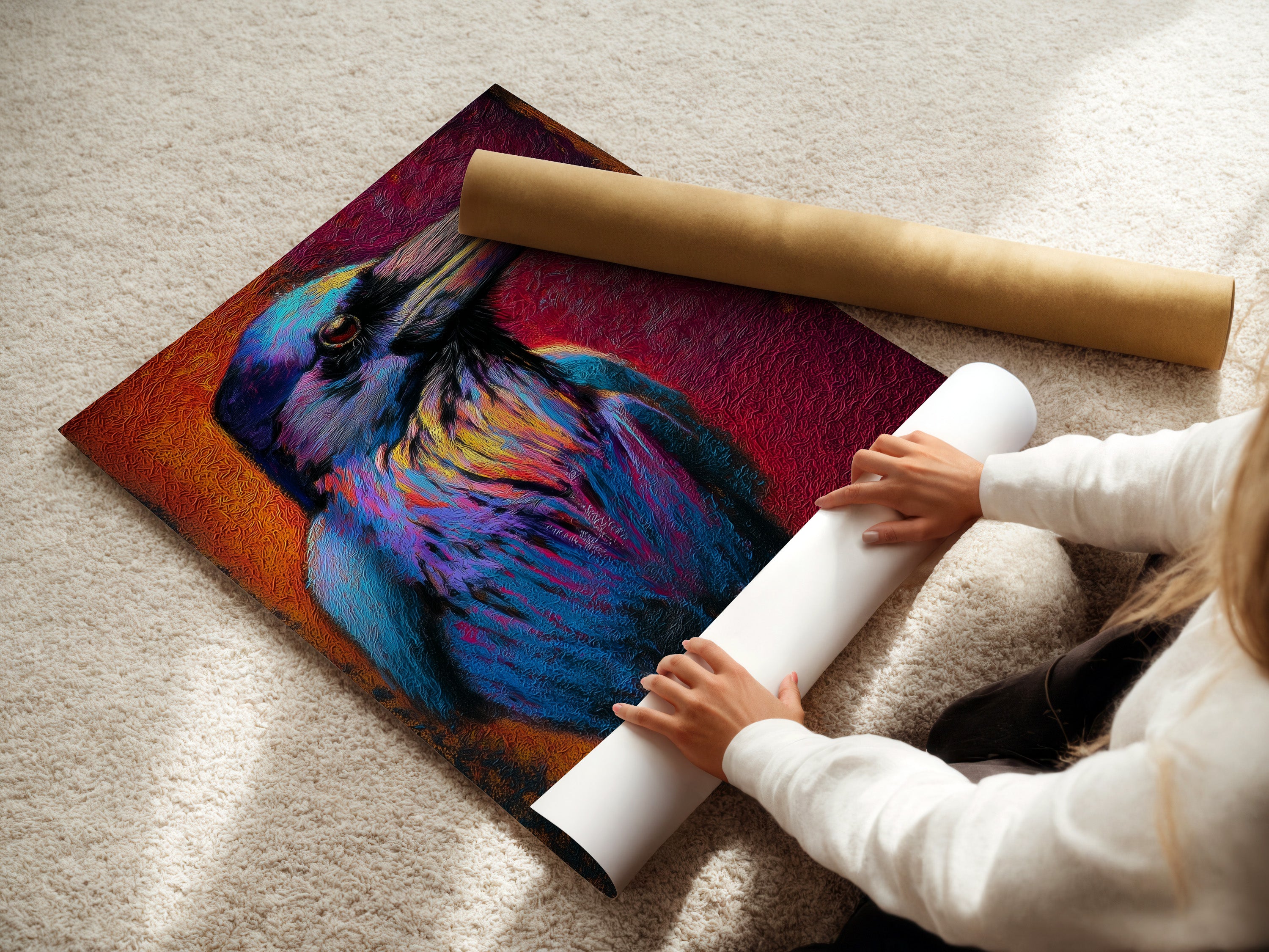 A woman is rolling a fine art poster paper. The paper is high quality and ready for printing. This poster paper is perfect for artwork. It will ensure vibrant colors and sharp details. This paper enhances every print.