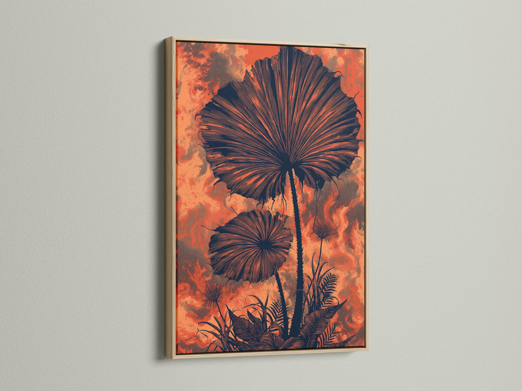 Botanical fan palm artwork with an oak frame. This tropical foliage poster enhances any room. The burnt orange hues bring warmth. Ideal for minimalist Scandinavian or boho styles. Add nature inspired wall decoration today.